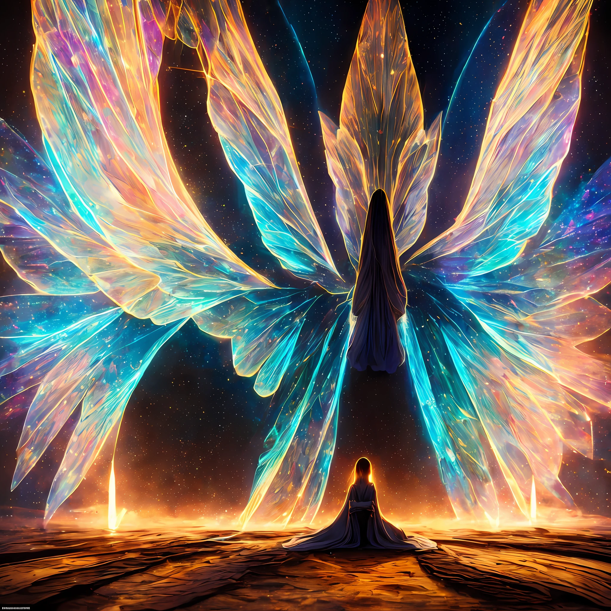 Image of a fragile woman with delicate features, sitting curled up with her hands hugging around her legs. It has butterfly wings sticking out of its back, symbolizing the idea of liberation. The image is colorful, but has a context of light that surrounds it, highlighting the delicacy and the sense of hope. The wings are visible and draw attention, representing transformation and the quest for freedom. ((best quality)), ((masterpiece)), ((realistic)), portrait, 1girl, heavenly, deity, goddess, particles of light, halo, looking at the viewer, (bioluminescent: 0.95) ocean, bioluminescent, vibrant, colorful, color, (bright, brightness), (beautiful composition), cinematic lighting, intricate, (symmetrical: 0.5), capricious, The resolution of the image is 8K, providing a sharp and rich visualization in detail. The carefully represented textures enhance the visual experience, enriching the scene.