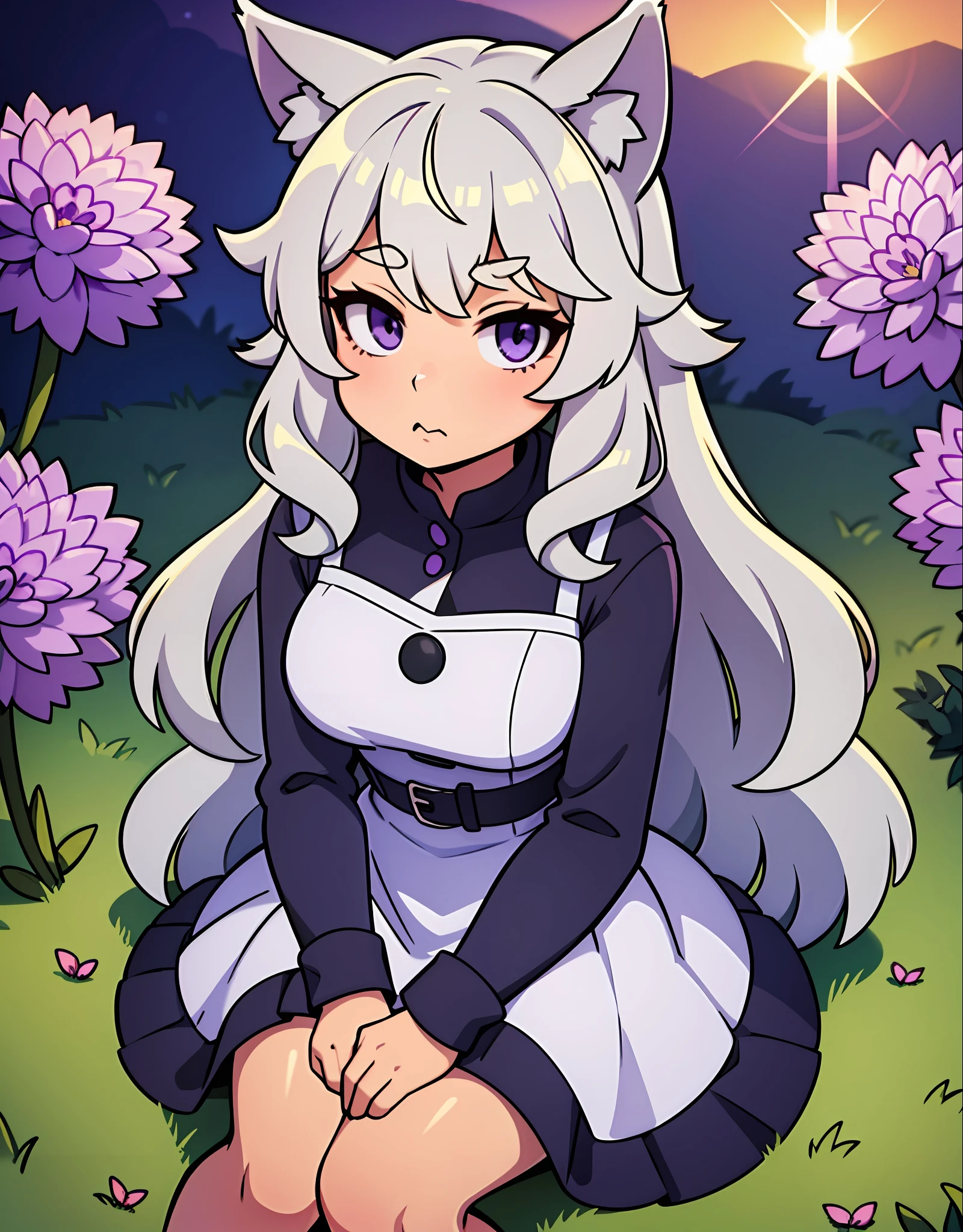 The cute Wolf girl, light gray hair and gray Wolf ears, fafa cheeks, purple round dress, children's dress, is sitting in a field of violet flowers and yellow grasses at sunset, late afternoon, rounded eyes, brown skin, almost red brown skin, short hair, curly hair, straight hair, wavy hair short and rounded nose, dark blue eyes rounded and large,  medium and semi-wide lips, narrow, rounded face, rounded low arch eyebrow