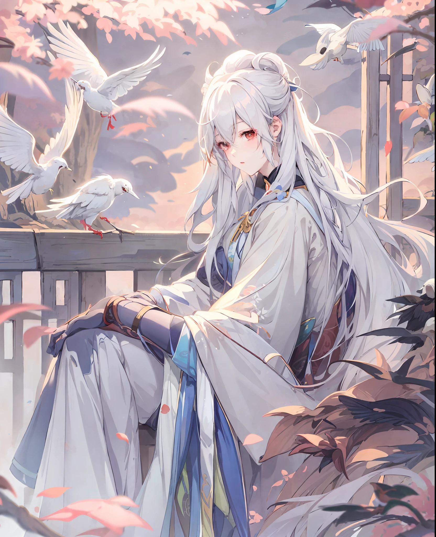 anime girl sitting on a bench with birds flying around her, white haired deity, guweiz, flowing white robes, by Ye Xin, beautiful character painting, with long white hair, artwork in the style of guweiz, by Yang J, inspired by Bian Shoumin, with white long hair, keqing from genshin impact, white hanfu