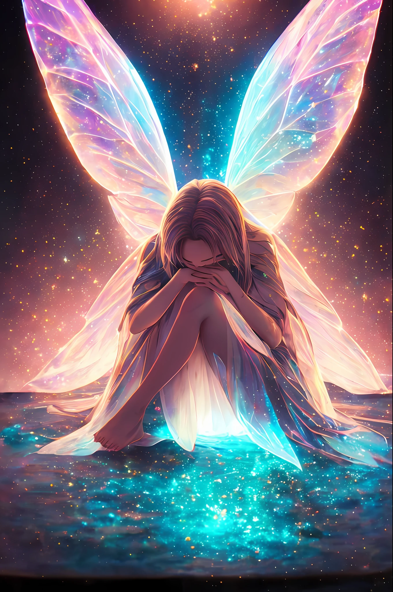 Image of a fragile woman with delicate features, sitting curled up with her hands hugging around her legs. It has butterfly wings sticking out of its back, symbolizing the idea of liberation. The image is colorful, but has a context of light that surrounds it, highlighting the delicacy and the sense of hope. The wings are visible and draw attention, representing transformation and the quest for freedom. ((best quality)), ((masterpiece)), ((realistic)), portrait, 1girl, heavenly, deity, goddess, particles of light, halo, looking at the viewer, (bioluminescent: 0.95) ocean, bioluminescent, vibrant, colorful, color, (bright, brightness), (beautiful composition), cinematic lighting, intricate, (symmetrical: 0.5), capricious,
