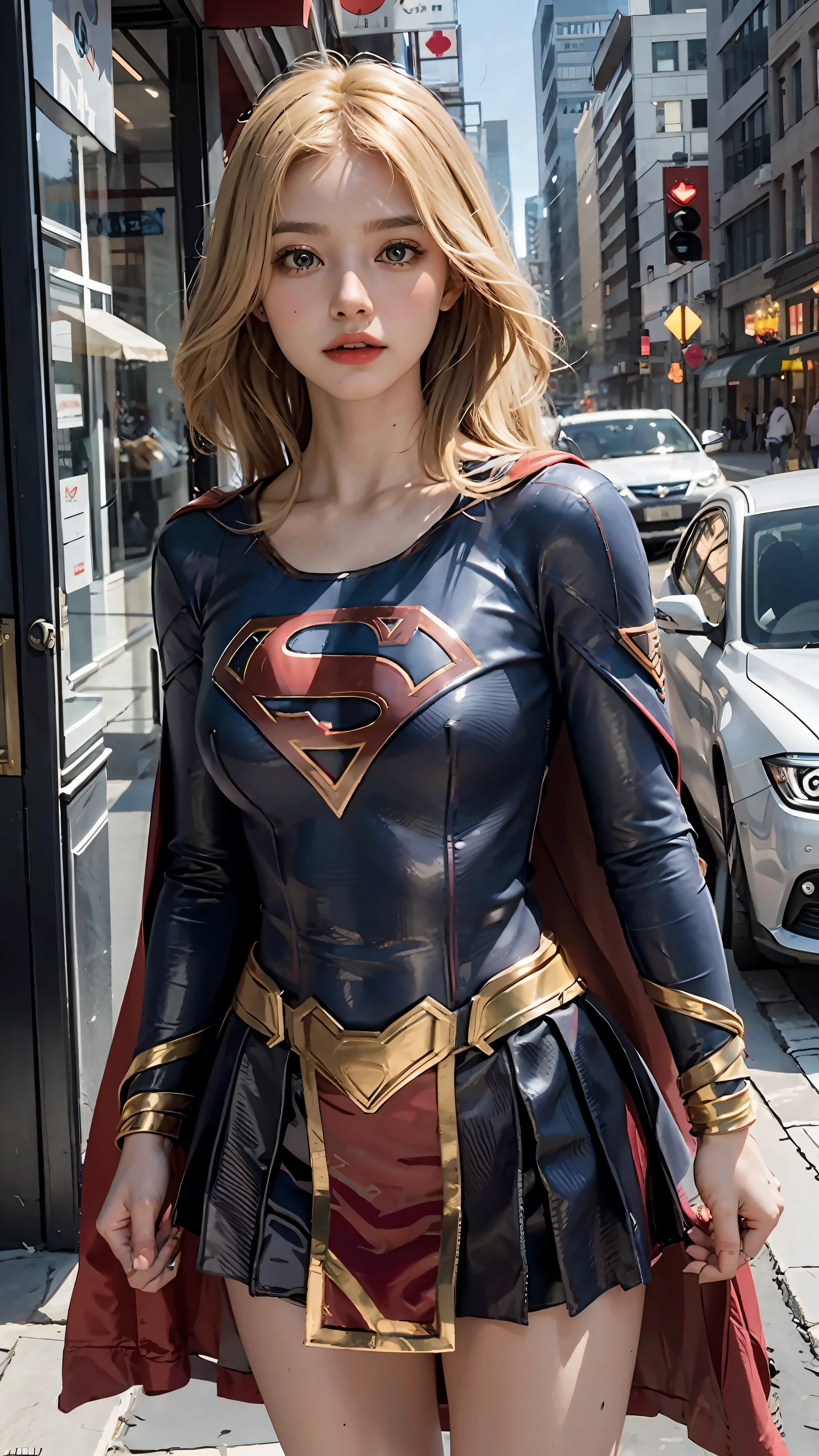 1 woman, Supergirl costume dress, medium breasts, blonde, daytime city