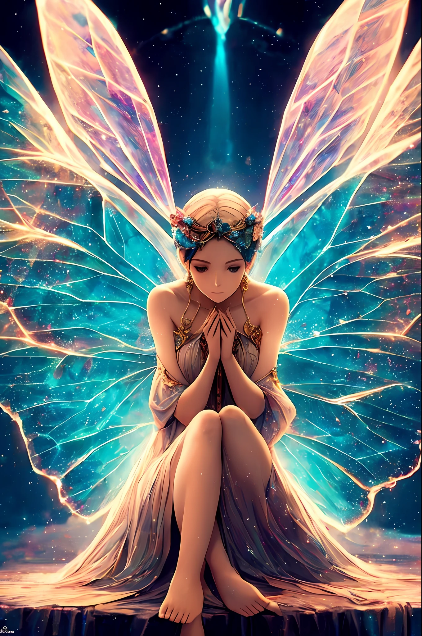 Image of a fragile woman with delicate features, sitting curled up with her hands hugging around her legs. It has butterfly wings sticking out of its back, symbolizing the idea of liberation. The image is colorful, but has a context of light that surrounds it, highlighting the delicacy and the sense of hope. The wings are visible and draw attention, representing transformation and the quest for freedom. ((best quality)), ((masterpiece)), ((realistic)), portrait, 1girl, heavenly, deity, goddess, particles of light, halo, looking at the viewer, (bioluminescent: 0.95) ocean, bioluminescent, vibrant, colorful, color, (bright, brightness), (beautiful composition), cinematic lighting, intricate, (symmetrical: 0.5), capricious,