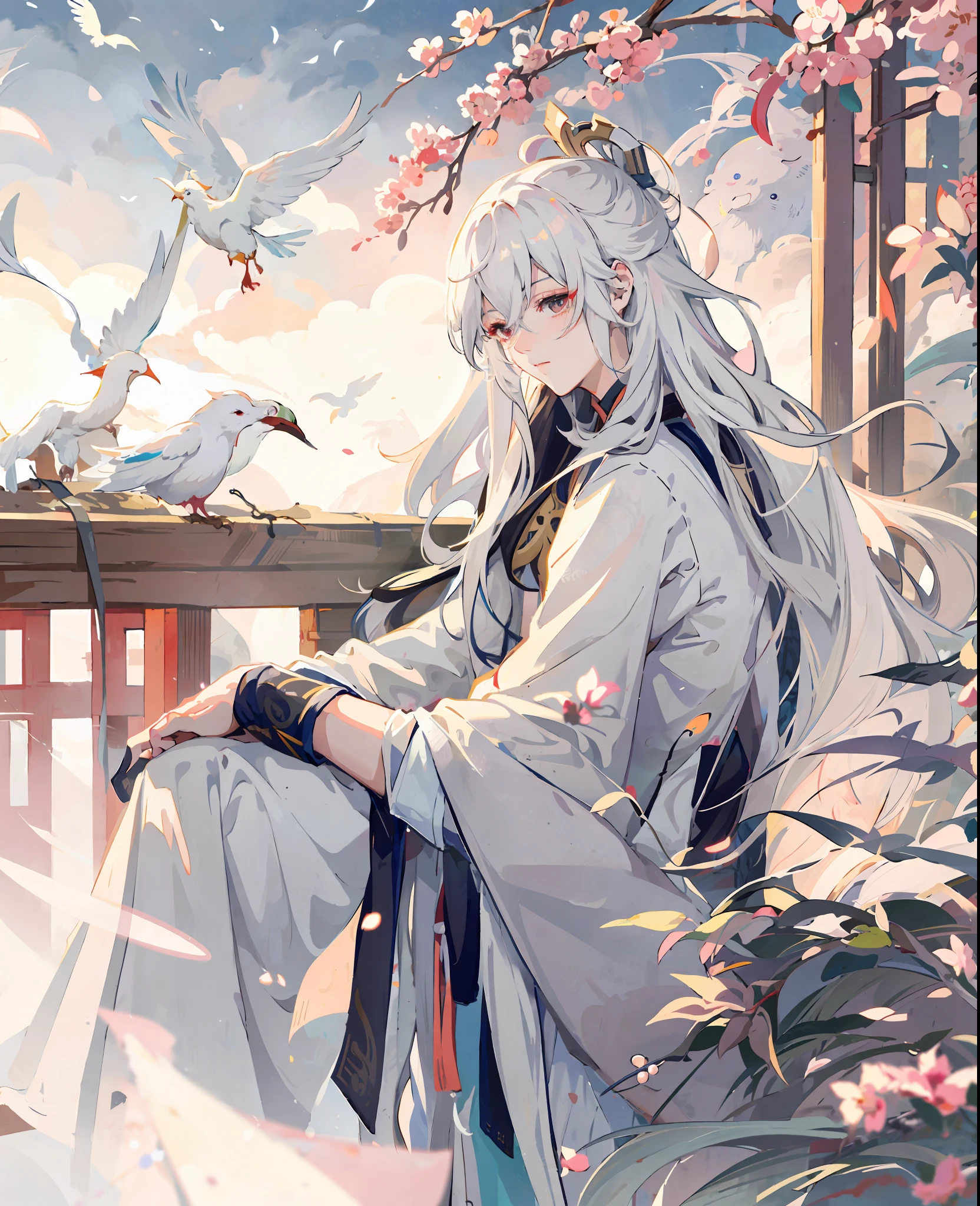 Anime boy sitting on a bench, birds flying around her, white-haired god, Guwiz, flowing white robe, Ye Xin, beautiful character painting, long white hair, Guvitz-style artwork, Yang J, inspired by Bian Shoumin, white long hair, Keqing from Genshin impact, white Hanfu