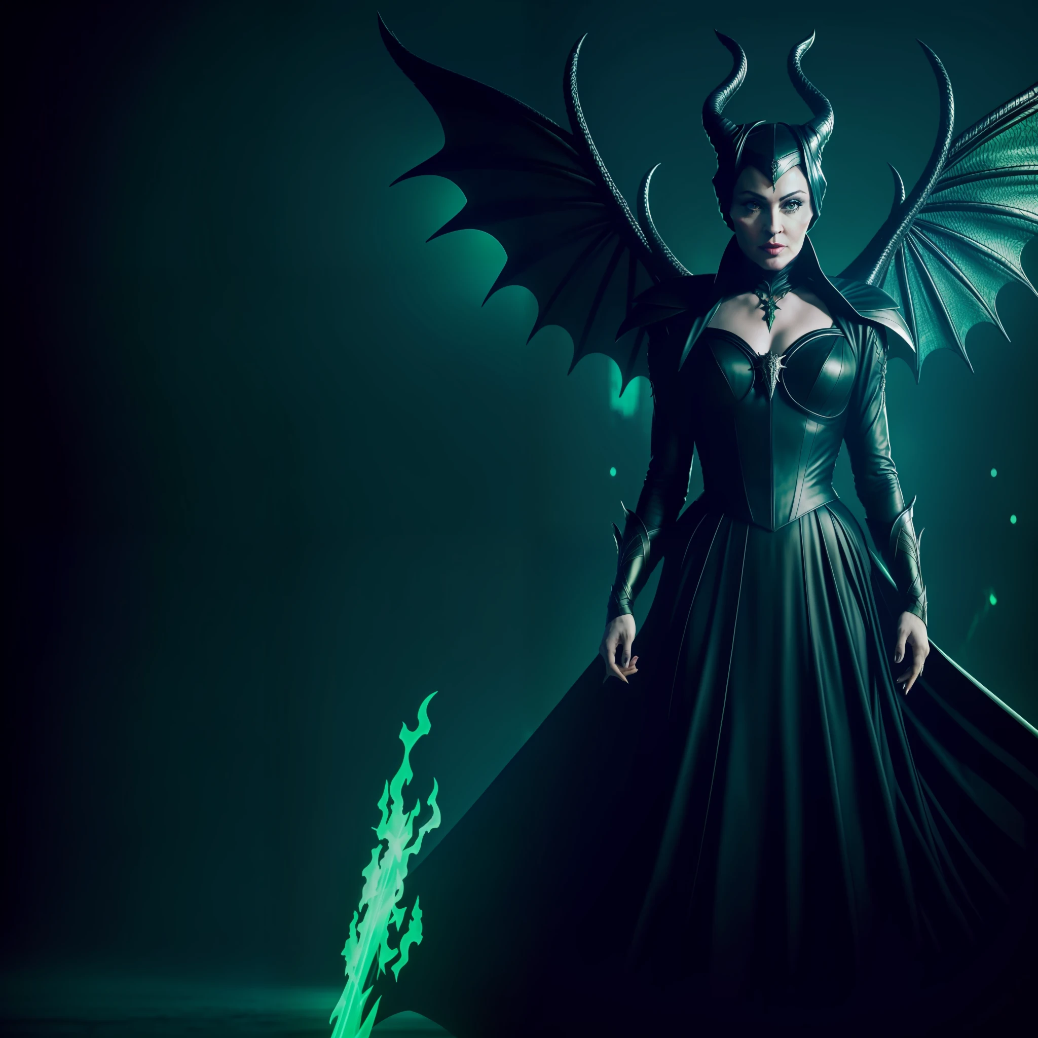 madonna, maleficent, female villain Disney, DRAGON WINGS, GREEN FIRE, NEON GREEN EYES, high quality, CINEMATIC SCENE, 8k image, high image quality