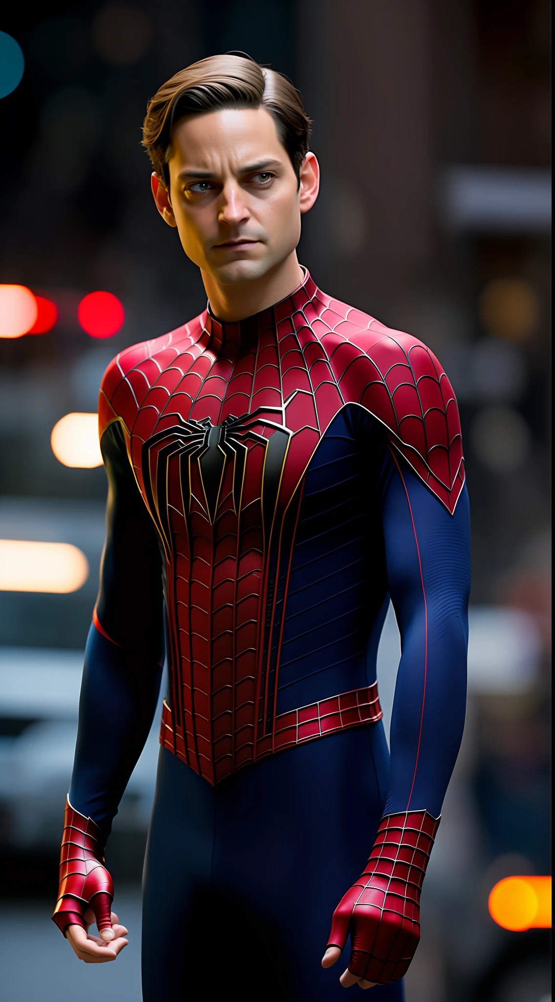 Tobey Maguire as Spiderman, donning the traditional blue and red uniform, without his mask on his head, revealing his detailed hair and face. The perfect spider symbol adorns his chest, capturing the iconic essence of the character. The image is a masterpiece of perfect realism, captured through professional photography in stunning 8K resolution. The composition centers on Tobey Maguire, with blurred figures in the background looking on in awe. The police car siren light casts a dynamic glow, heightening the sense of action and urgency. Every intricate detail, from the fabric of the costume to the expression on Tobey's face, is flawlessly depicted. --v 5 --stylize 1000