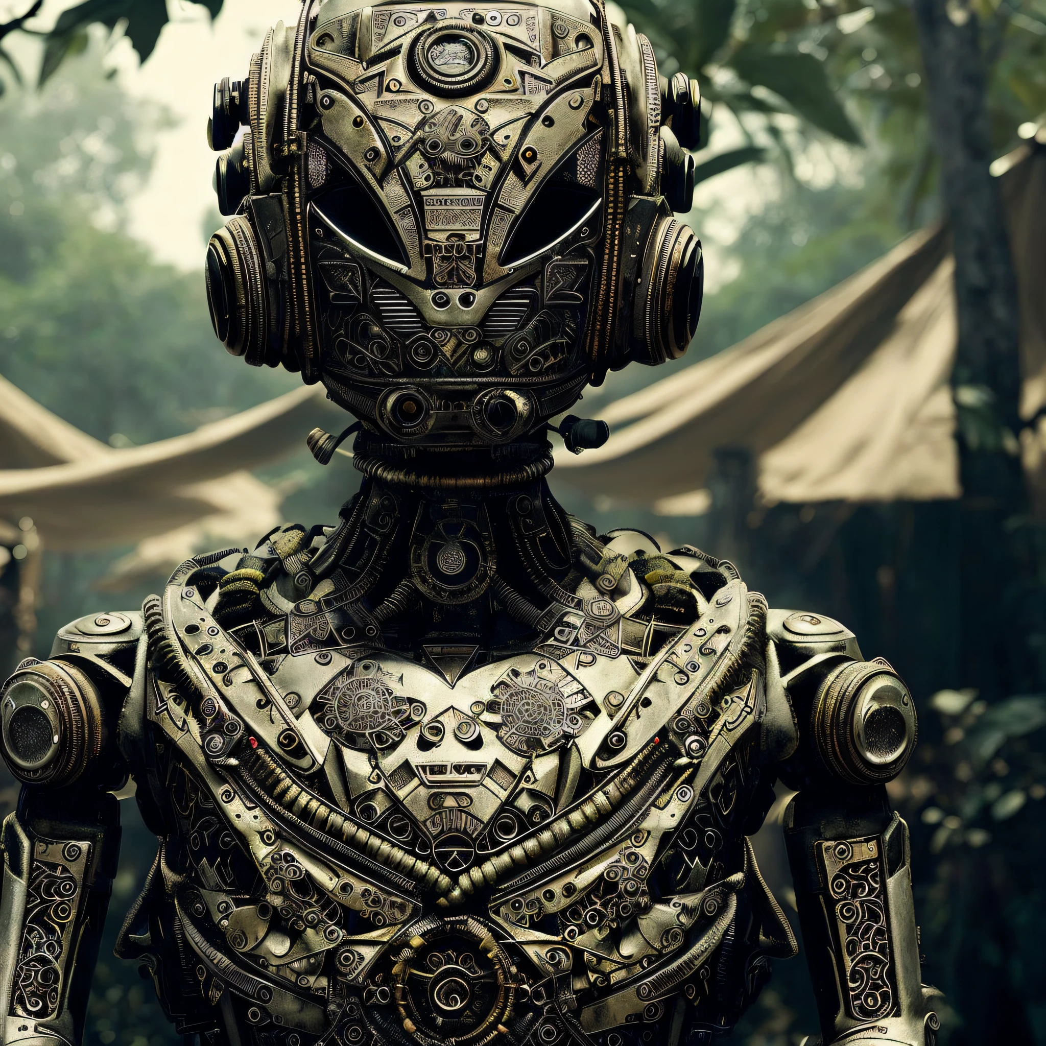 There is a robot that is standing in a tribe in the forest, detailed humanoid, still Aztec cyborg film, humanoid character, intricate cyborg, intricate 8K rendering, elaborate cute epic robot, steampunk robot, portrait of a futuristic robot, sci-fi biomechanical, highly detailed 4k digital art, ultra-detailed digital art, beautiful robot character design, blurred background, detailed ultra realistic photography of sebastião salgado