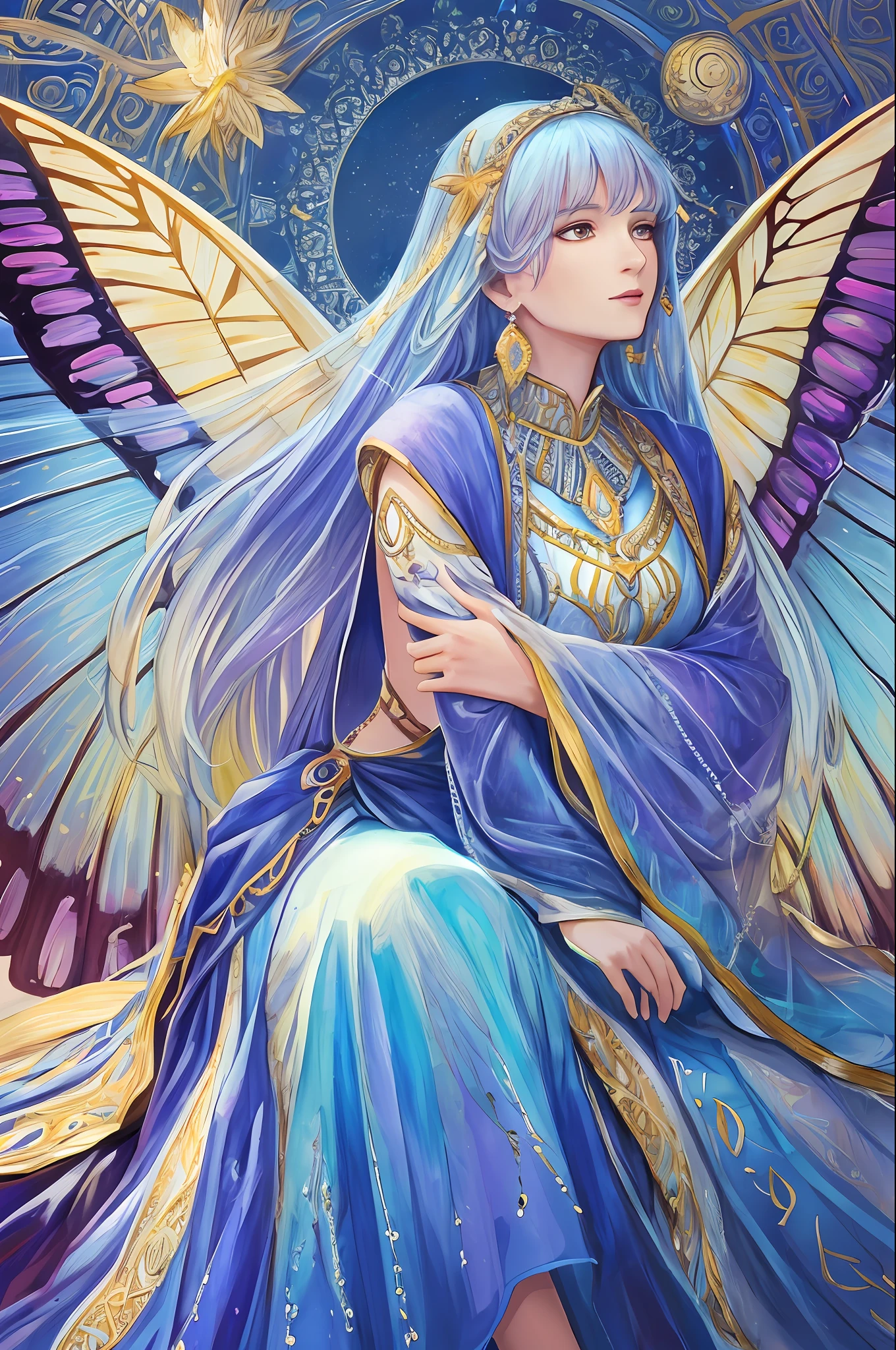 Image of a fragile woman with delicate features, sitting curled up with her hands hugging around her legs. It has butterfly wings sticking out of its back, symbolizing the idea of liberation. The image is colorful, but has a context of light that surrounds it, highlighting the delicacy and the sense of hope. The wings are visible and draw attention, representing transformation and the quest for freedom. (masterpiece, top quality, best quality, official art, beautiful and aesthetic: 1.2), (1girl: 1.3), extremely detailed, (fractal art: 1.2), colorful, more detailed, (zentangle: 1.2), (dynamic pose), (abstract background: 1.5), (traditional dress: 1.2), (shiny skin), (many colors: 1.4), upper body