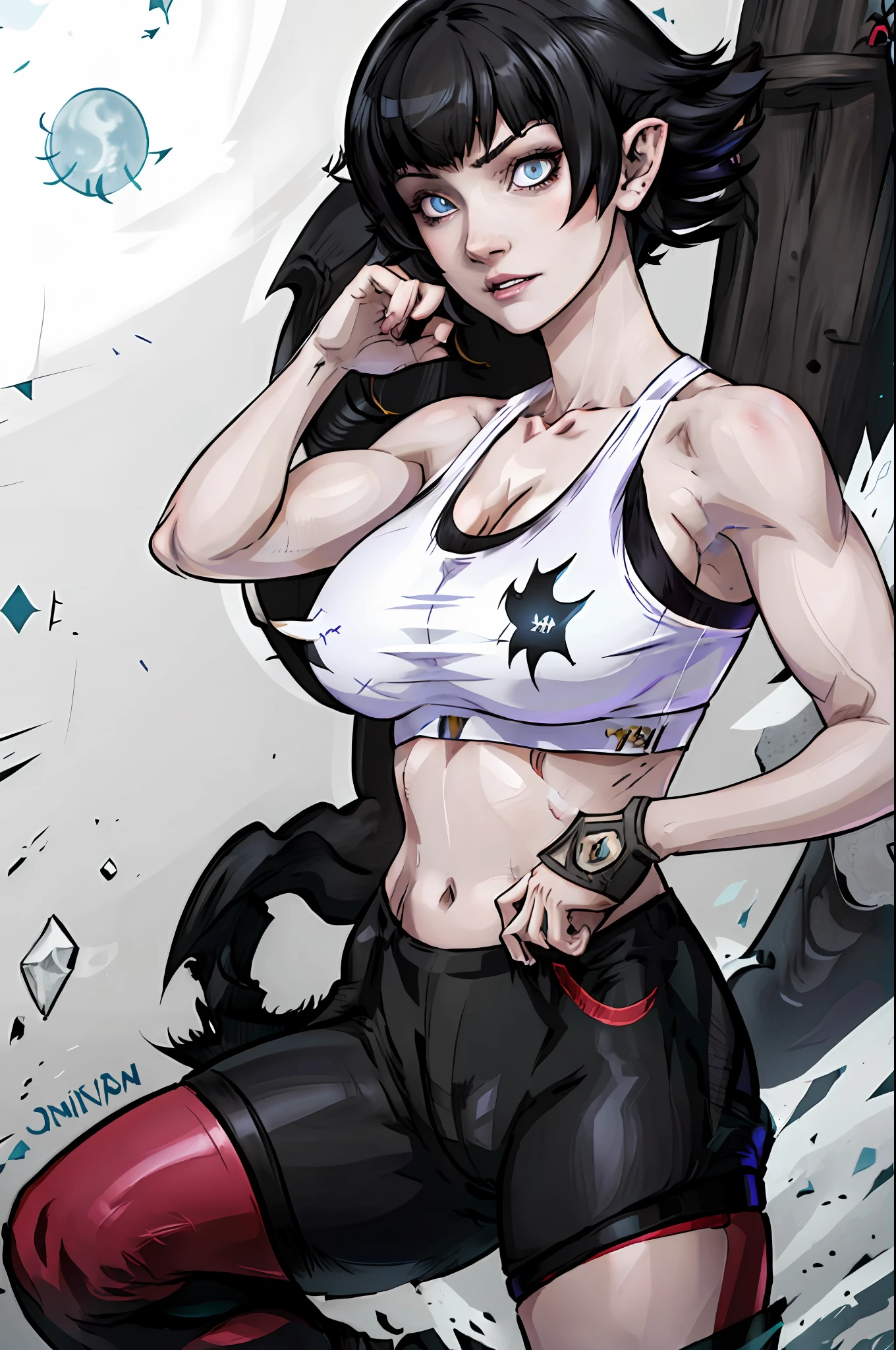 1girl, highres, sharp focus, pixiv masterpiece, (((intricate details)), highly detailed, one eye, detailed eyes, pale skin, fair skin, short hair, black hair, cat eyes, muscular, pointy ear, vampire, costume: sportswear, yoga pants, sports bra, underboob, joy ride style, ilya kuvshinov,Anime Moe Artstyle, Female anime character, Anime character,