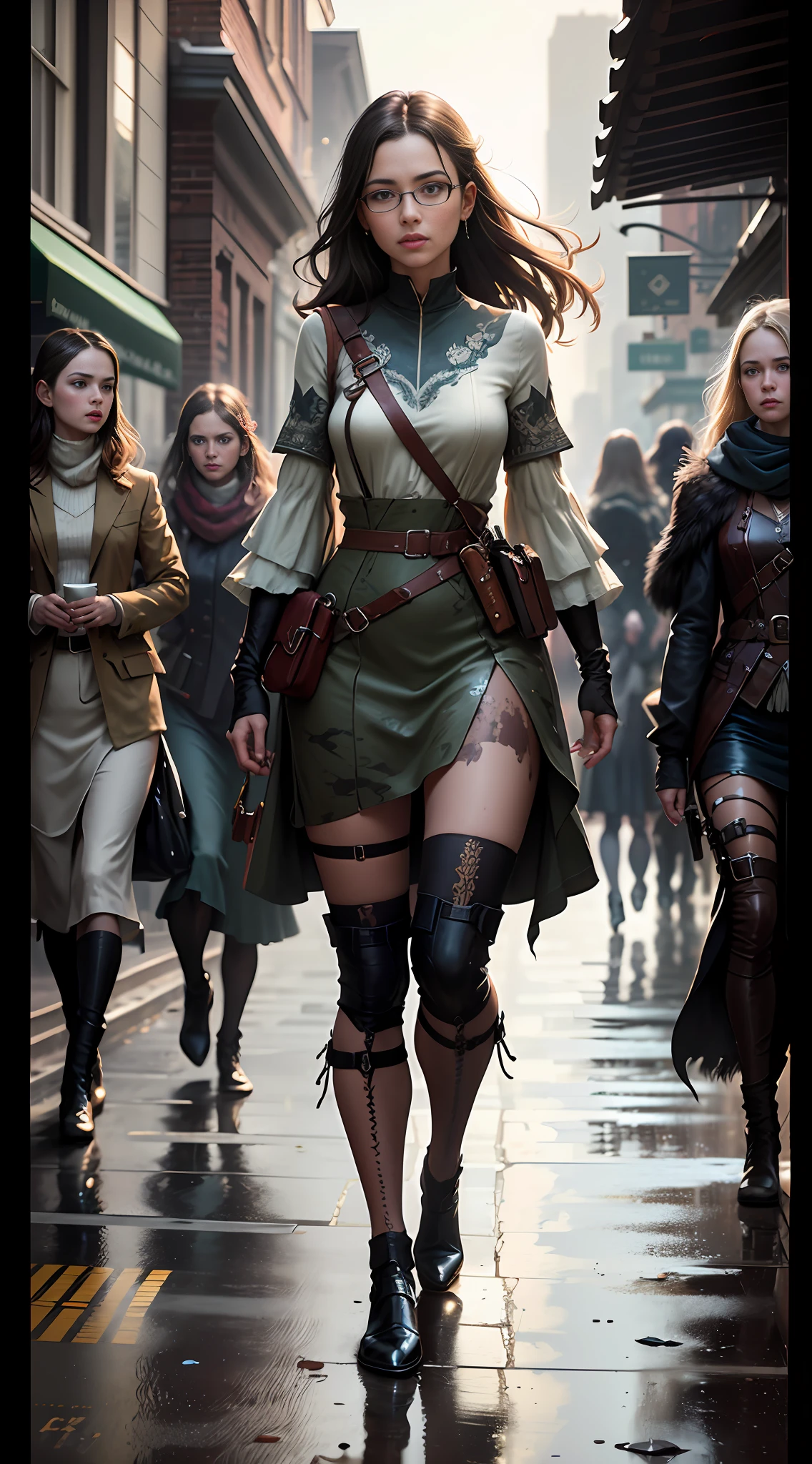 (((6 Girls:1.3))) (genetic artwork), realistic epic, hyperrealistic style. with bright blue eyes.walking down a city street in a red dress, Jeremy Mann style, James Gurney painting style, fully clothed. sexy painting, jeremy mann art, by Marek Okon, Leonid Afremov painting, wadim kashin. ultra-realistic, by Carlos Berlanga, influenced by Jeremy Mann, elegant Clean Lines. Military camouflage sexy clothing. (((6 Girls))). Glasses reflecting light, art by greg rutkowski and artgerm, soft cinematic light, adobe lightroom, photolab, hdr, intricate, highly detailed, (depth of field:1.4), (natural skin texture, hyperrealism, soft light, sharp:1.2), (dark photo:1.22), neutral colors, (hdr:1.4), (muted colors:1.4), (intricate), (artstation:1.2), hyperdetailed, dramatic, intricate details, (technicolor:0.9), (rutkowski:0.8), cinematic, detailed, (intricate details:1.12), HDR, (intricate details, hyperdetailed:1.15)