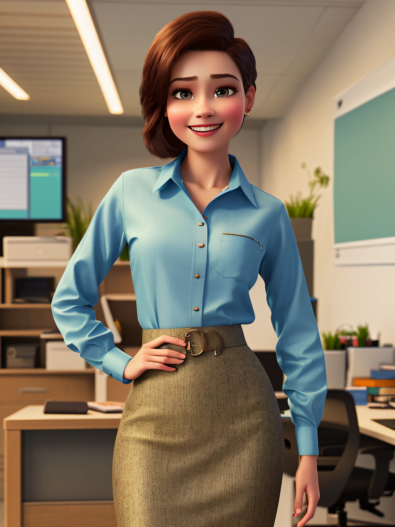 pixarstyle a waist-length portrait of a young woman in a office shirt, smile, office, natural skin texture, 4k textures, hdr, intricate, highly detailed, sharp focus, cinematic look, hyperdetailed