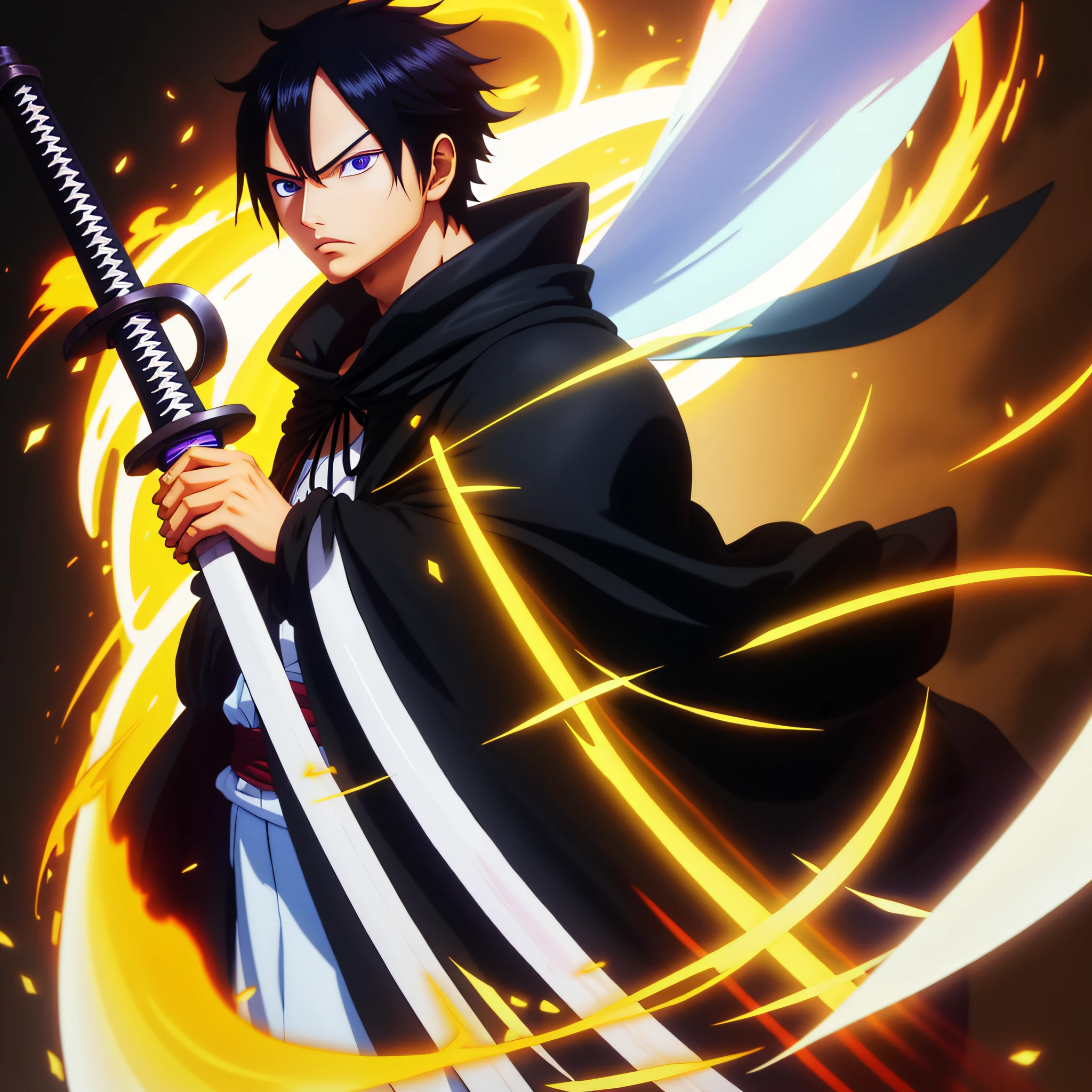 Anime Swordsman with a black cloak, black hair and curious eyes
