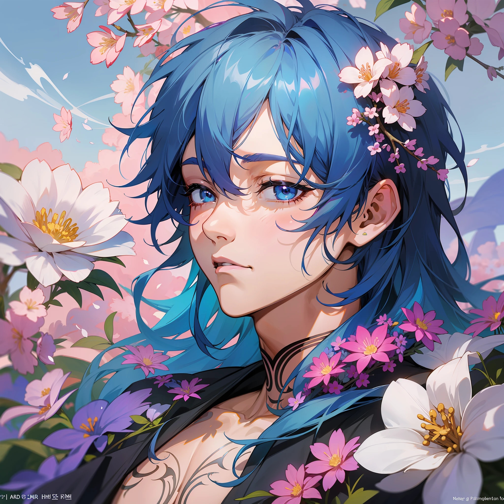 Alafed man with blue hair and tattoo with flowers, Kai Shu-geun, Hyun-tae, Kim Tae-joon, Jungkook, album art, Jimin, Park Jimin, Kim Do-yeon, portrait of Joshi in blackpink, Shin Jin-young, with flowers, spring day, Hong Joon hyun, blooming, 2 0 2 2 photos, official artwork, Keystill, Choi