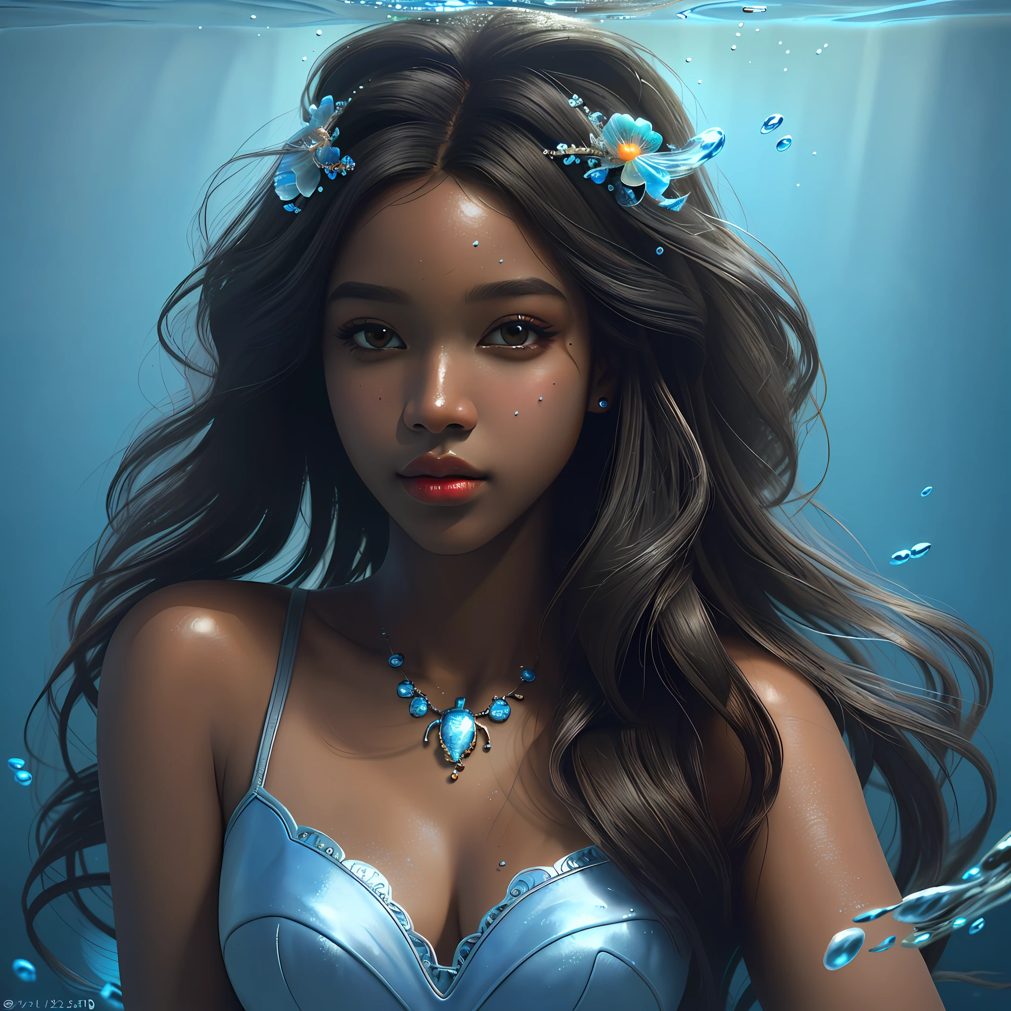 (Best Quality, Masterpiece: 1.4), (Realism: 1.2), (Realism: 1.2), (Absurdity: 1.2), 4K, Detailed, Ultra Detailed, Digital Art, Detailed Face, (Ultra Detailed Eyes: 1.2), Underwater, Beauty Ebony Girl