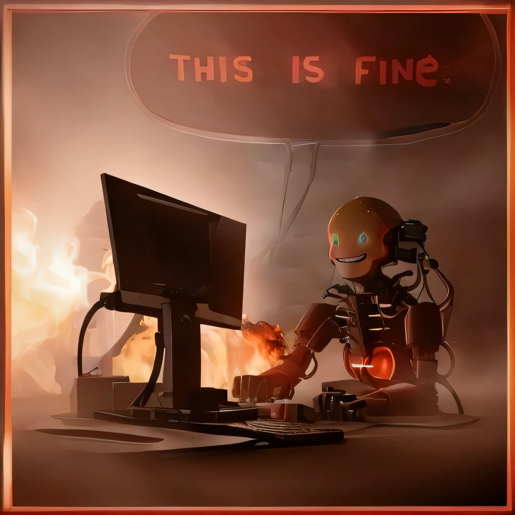 computer center, (AI robort), ((civitAI logo)), (((typing on computer))), (smiling), on fire, lots of smoke lots of computers in background, fire in background, emergency warning, red light, speech bubble on top