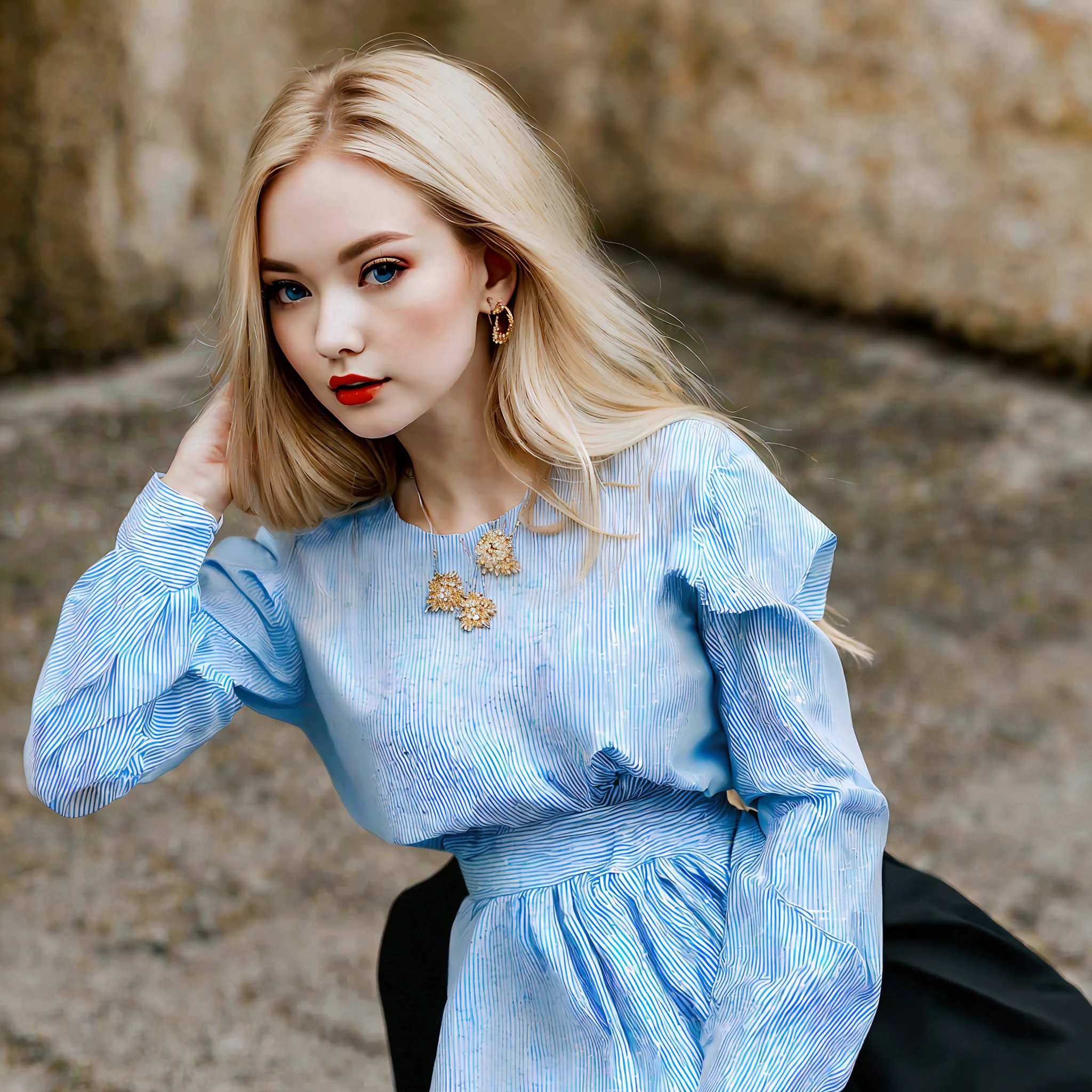 Woman, alone, blonde, hair up to the waist, blue eye, pale skin, arch on the head, sharp photo, detailed, realistic, focused look, fluted white blouse with long sleeves, black skirt, pantyhose, necklace, ring, high heels.
