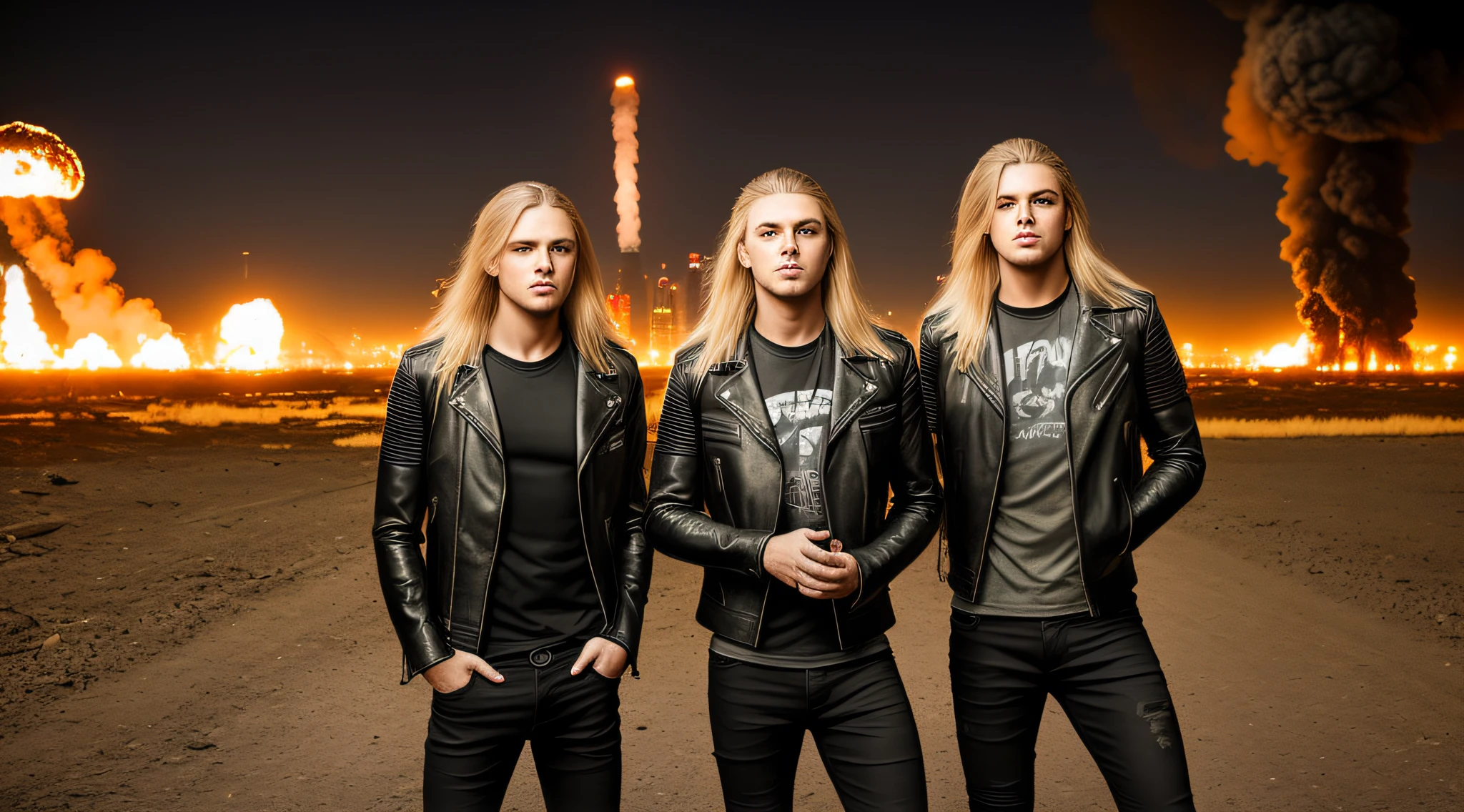 RAW, Award-winning Glamour photography of 3 three boys leather jacket black t-shirt and jeans, long blonde hair, portrait, hyper-detailed, camouflaged, post-apocalyptic, nuclear Armageddon, burning cityscape background at night, sandy, dirt, mushroom cloud, swollen, erect