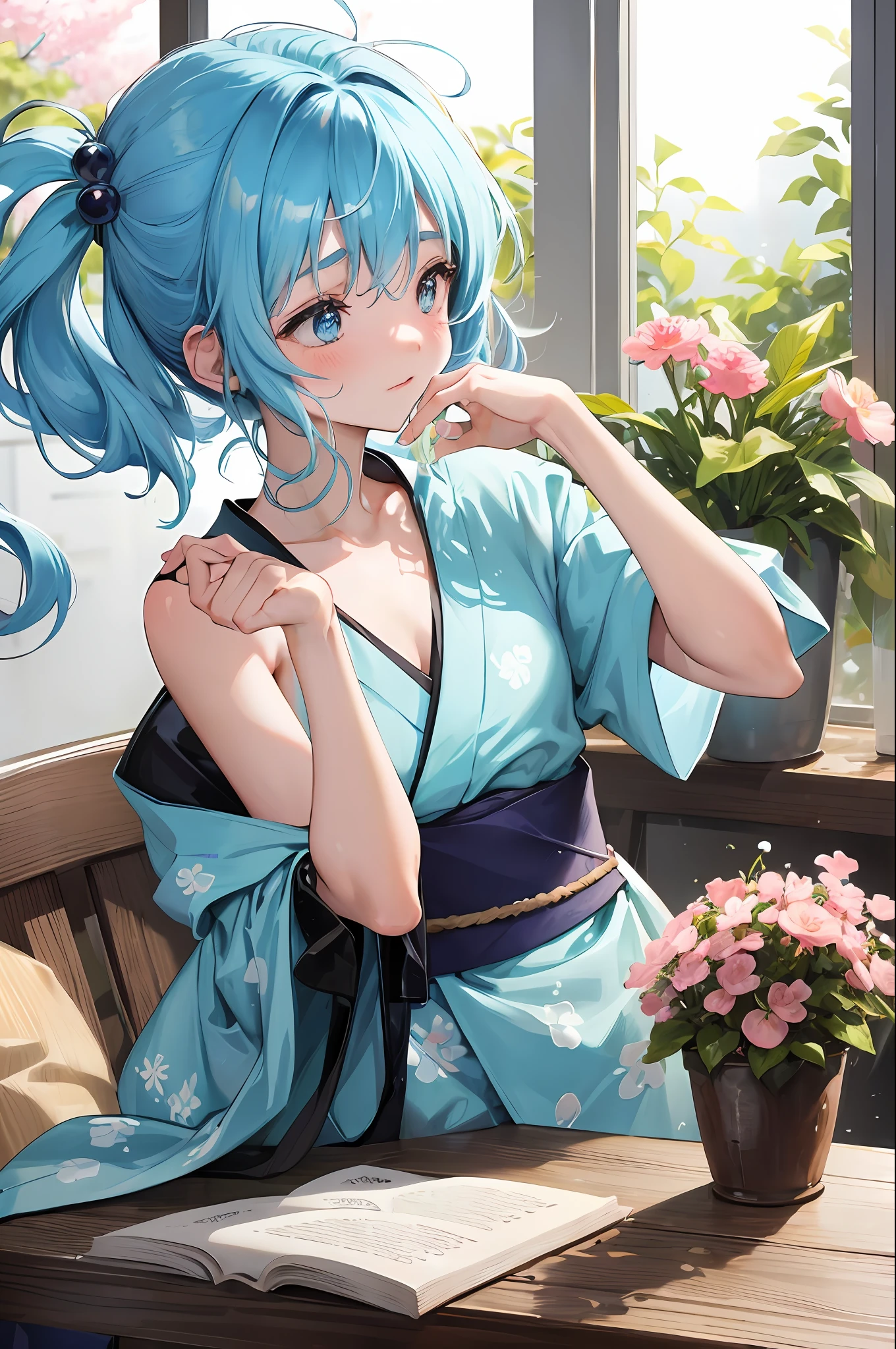 _aqua_konosuba, coffee, table, messy bread, straw, sunlight, window, welcoming, serene, floral, aesthetic, pastel, slice of life, relaxation, morning, leisure, quiet, warm atmosphere, steam, pacific, daydreaming, aromatic, latte art, book, potted plants, cherry blossoms, blush, contemplation, gentle, delicate, capricious, blue hair, blue eye, kimono, wave motif pattern