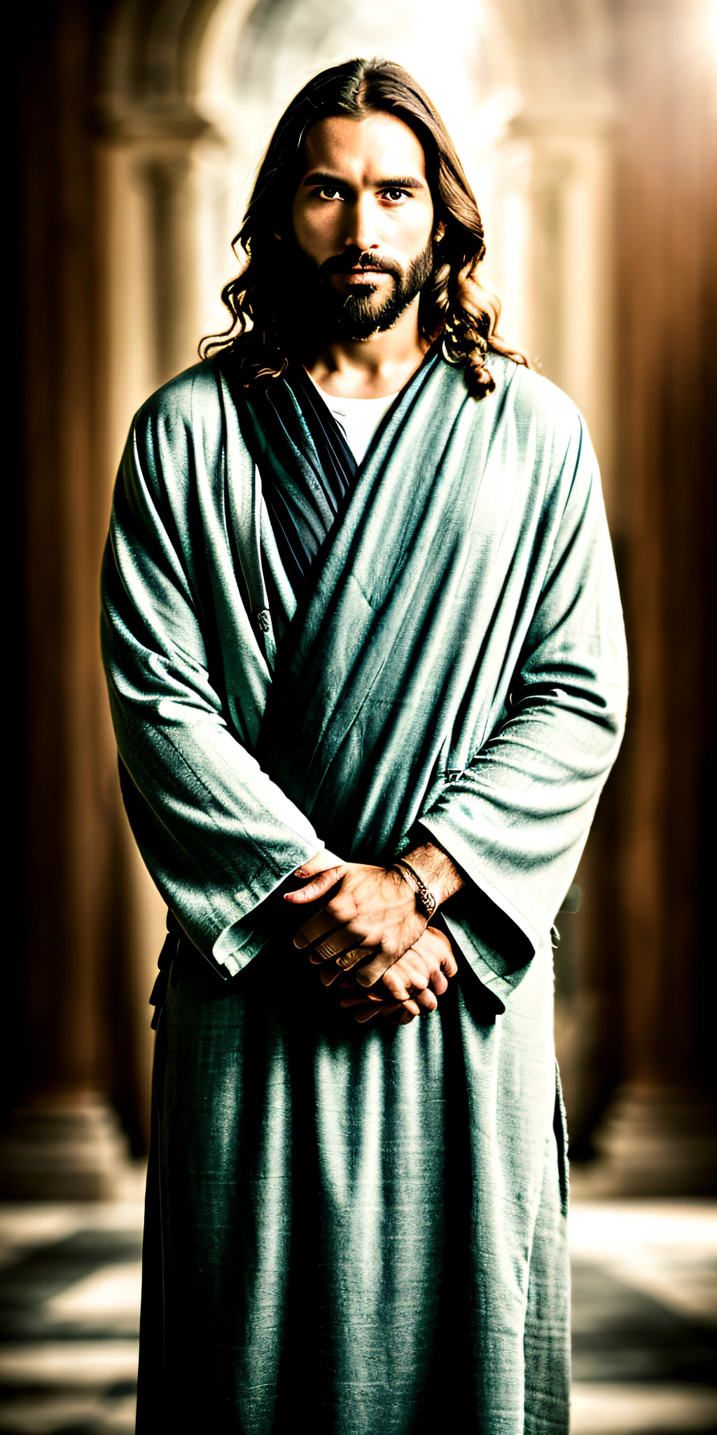 arafed image of a man with long hair and a beard in a robe, wearing cross on robe, wrapped arms, hands crossed, dressed like jesus christ, jesus christ, folded arms, wearing only a green robe, arms crossed on chest, arms folded, by Matthias Weischer, wearing dark robe, crossed arms, wearing robe, wearing a long flowing robe