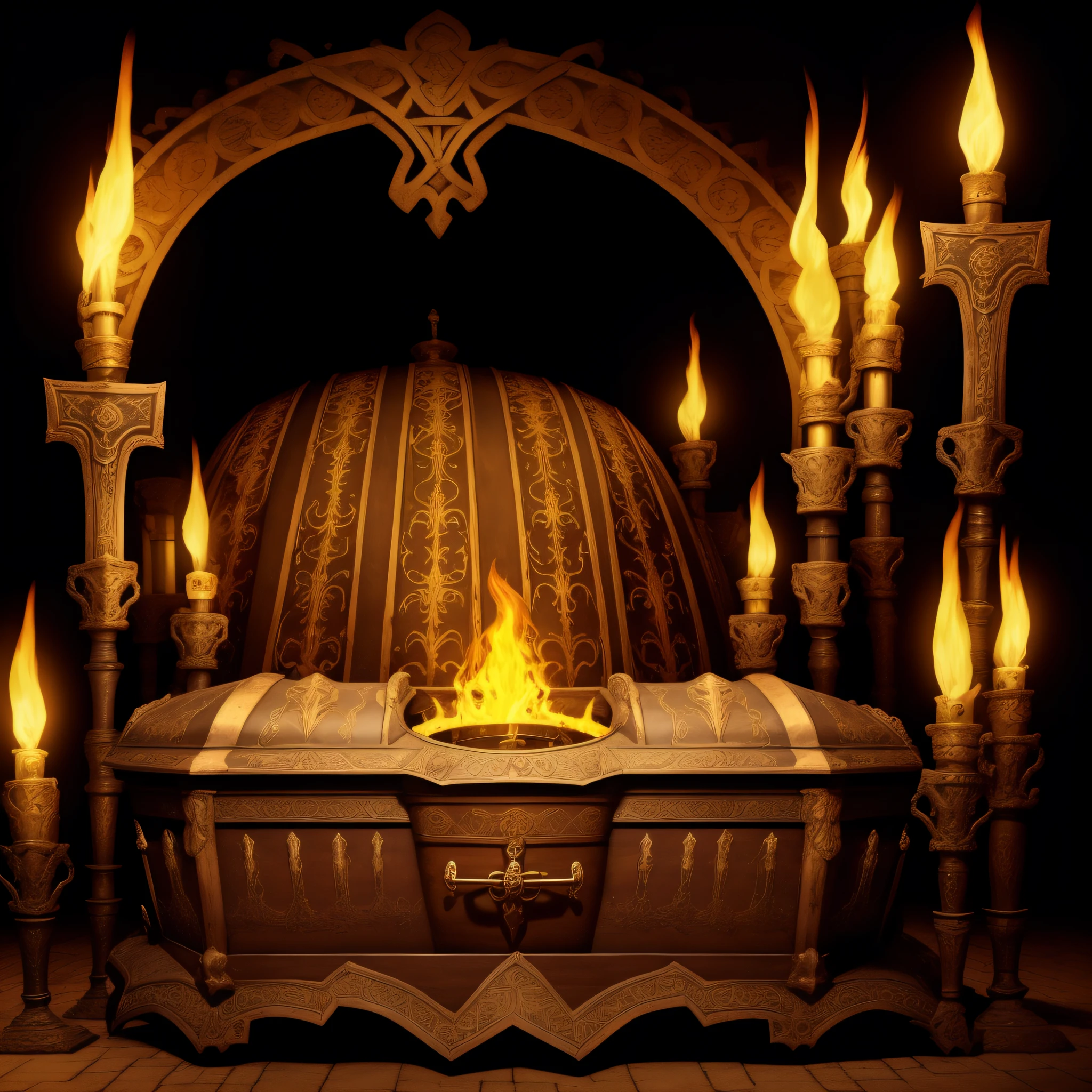 A beautiful coffin inside an ancient one with some torches
