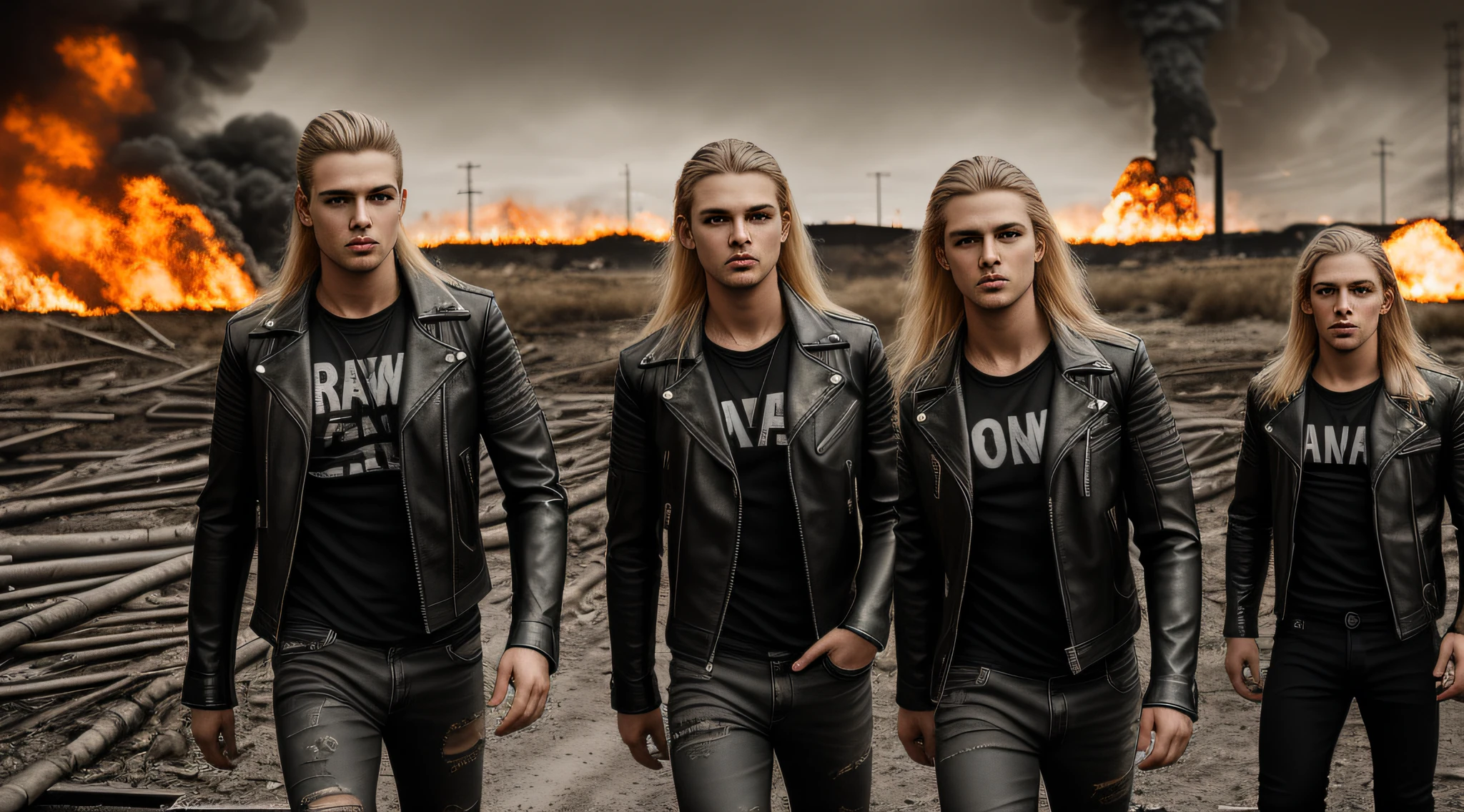 RAW, Award-winning Glamour photography of 3 three boys leather jacket black t-shirt and jeans, long blonde hair,close up, hyper-detailed, camouflaged, post-apocalyptic, nuclear Armageddon, urban landscape background burning at night, sandy, dirt, mushroom cloud, swollen, erect