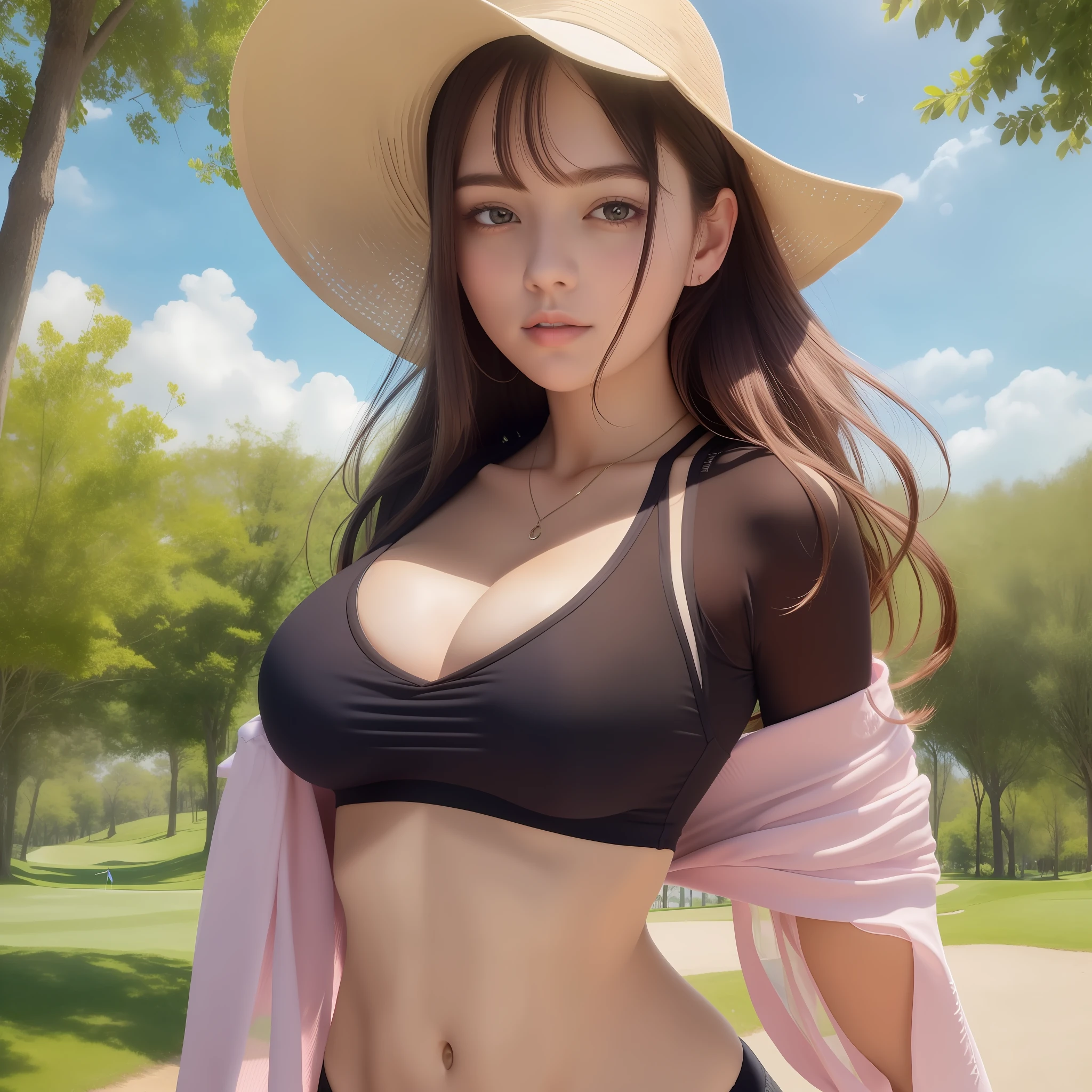 Masterpiece, 8k, 1 girl, cute, , golf course teeing, golf wear, big, (breast focus: 1.33), (chest sheer: 1.45), (cleavage: 1.2), (braless: 1.39), (large brown nipple: 1.44), pink polo shirt, sheer tight mini, panty shot, sun visor