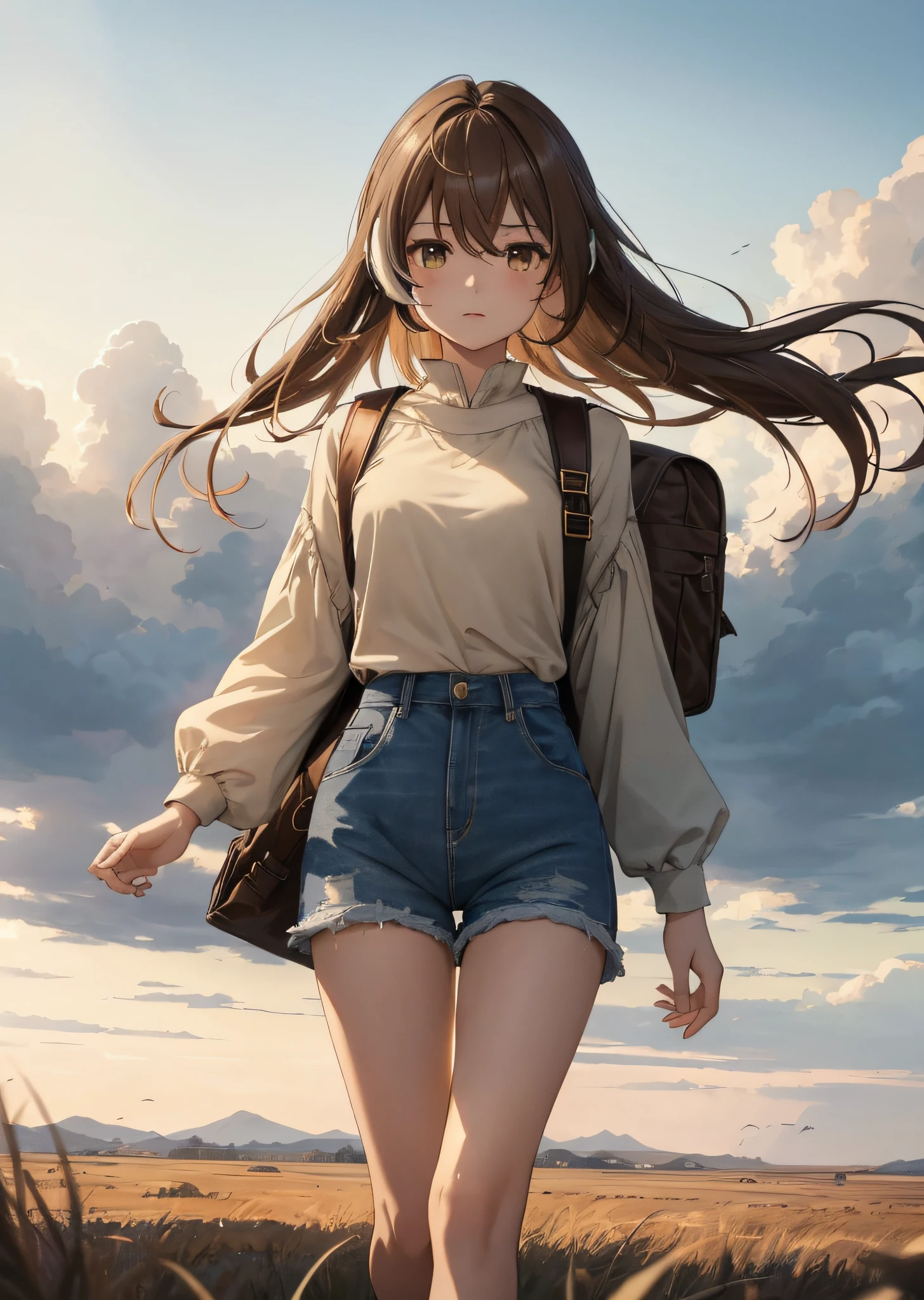 (人物: Nanashi Mumei), {brown hair}, (masterpiece:1.2), 1girl, solo, The vast sky, beautiful skyline, large grasslands, extremely tense and dramatic pictures, moving visual effects, high hanging Polaris, colorful natural glare. A girl in a long-sleeved top and denim shorts with a side backpack