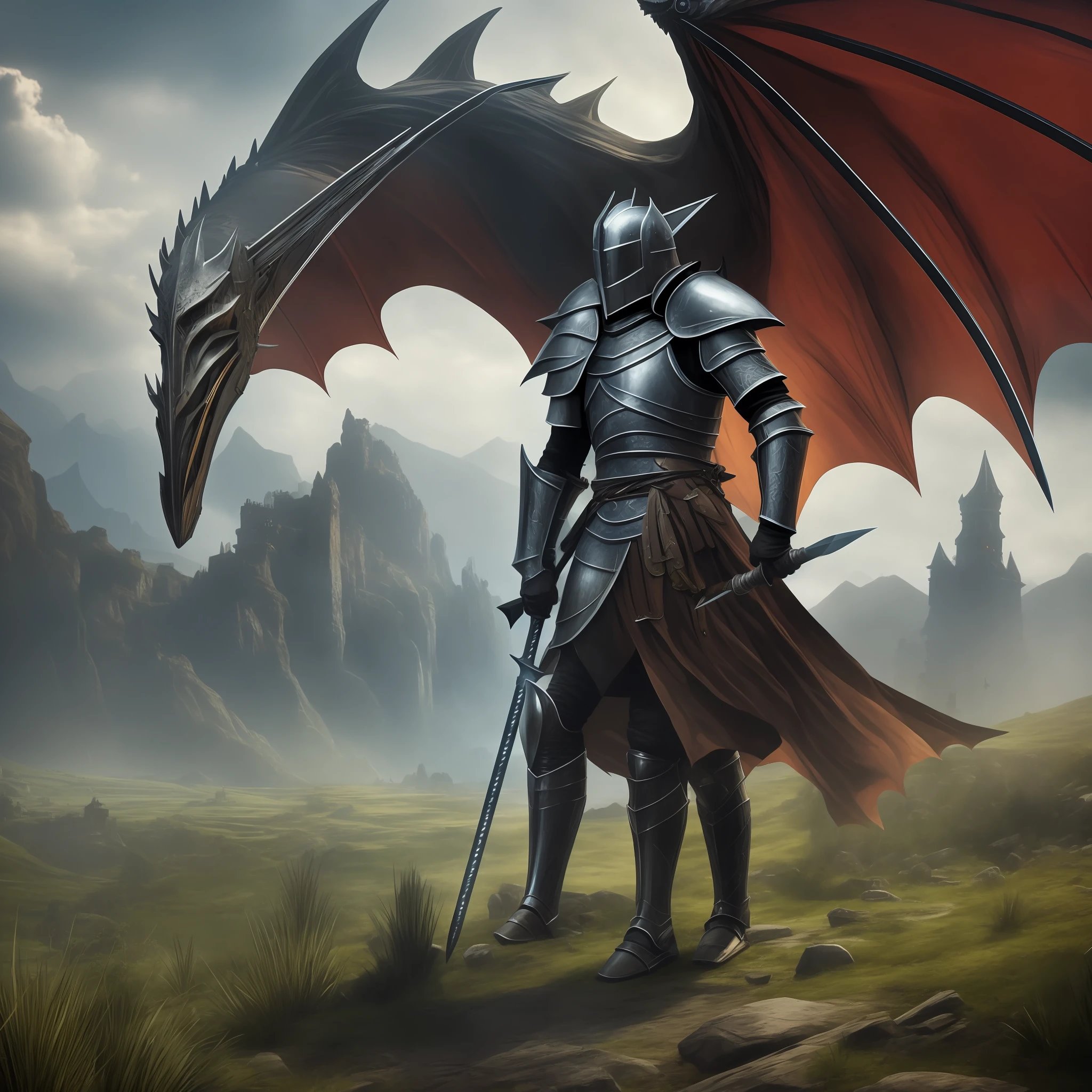 Knight seen from afar slaying a dragon with a spear, knight wears black armor, ultra realistic image, in the distance you could see the long hair of the lonely knight, medieval scenery of destroyed land --auto --s2