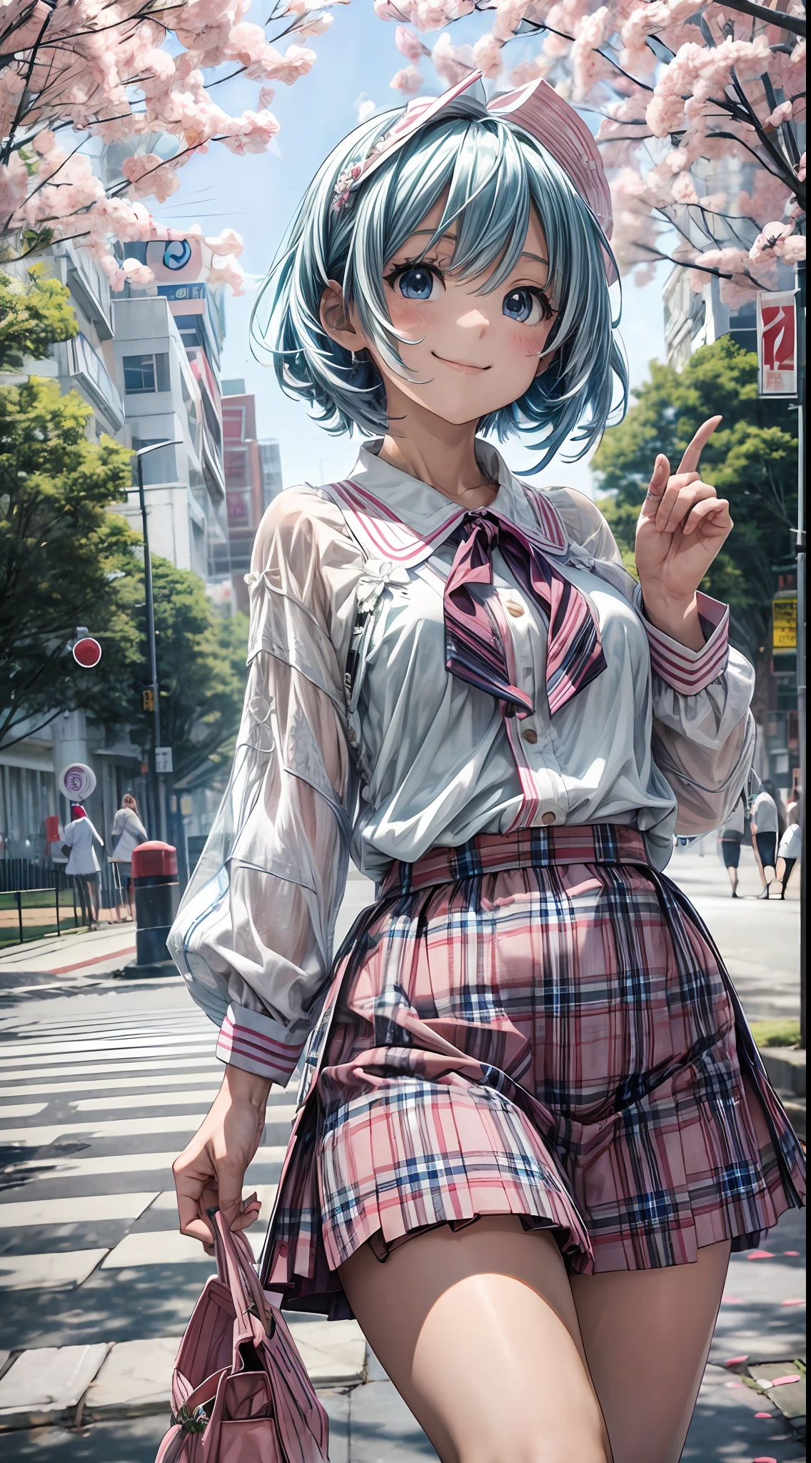 anime style, 1girl, particles of light, POV, ((big smile)), ((blue eyes)), pink skirt and white blouse tied in front, blue hair down, sandals, day, in the park, vibrant colors, ((five fingers)), ((good hands)), (high quality), high definition, 8k, masterpiece