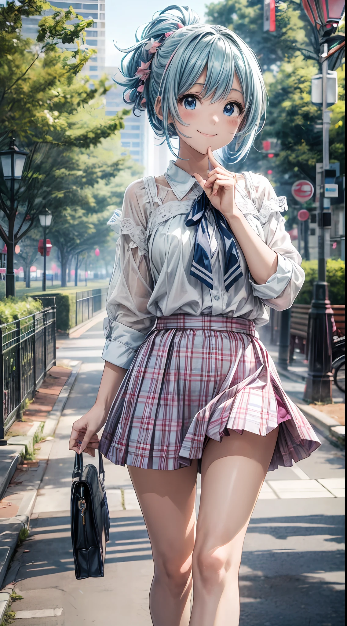 anime style, 1girl, particles of light, POV, ((big smile)), ((blue eyes)), pink skirt and white blouse tied in front, blue hair down, sandals, day, in the park, vibrant colors, ((five fingers)), ((good hands)), (high quality), high definition, 8k, masterpiece
