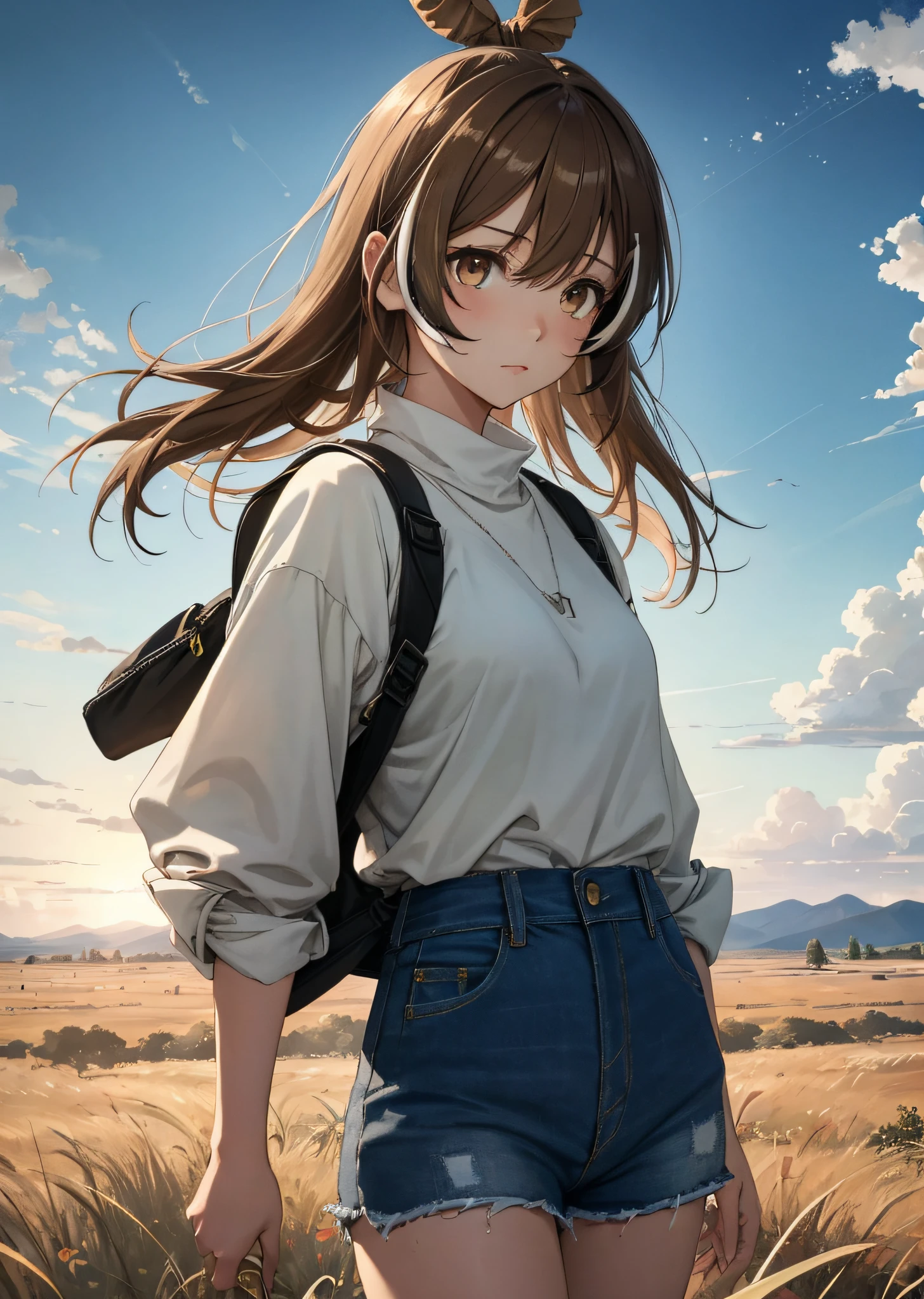 (人物: Nanashi Mumei), {brown hair}, (masterpiece:1.2), 1girl, solo, The vast sky, beautiful skyline, large grasslands, extremely tense and dramatic pictures, moving visual effects, high hanging Polaris, colorful natural glare. A girl in a long-sleeved top and denim shorts with a side backpack