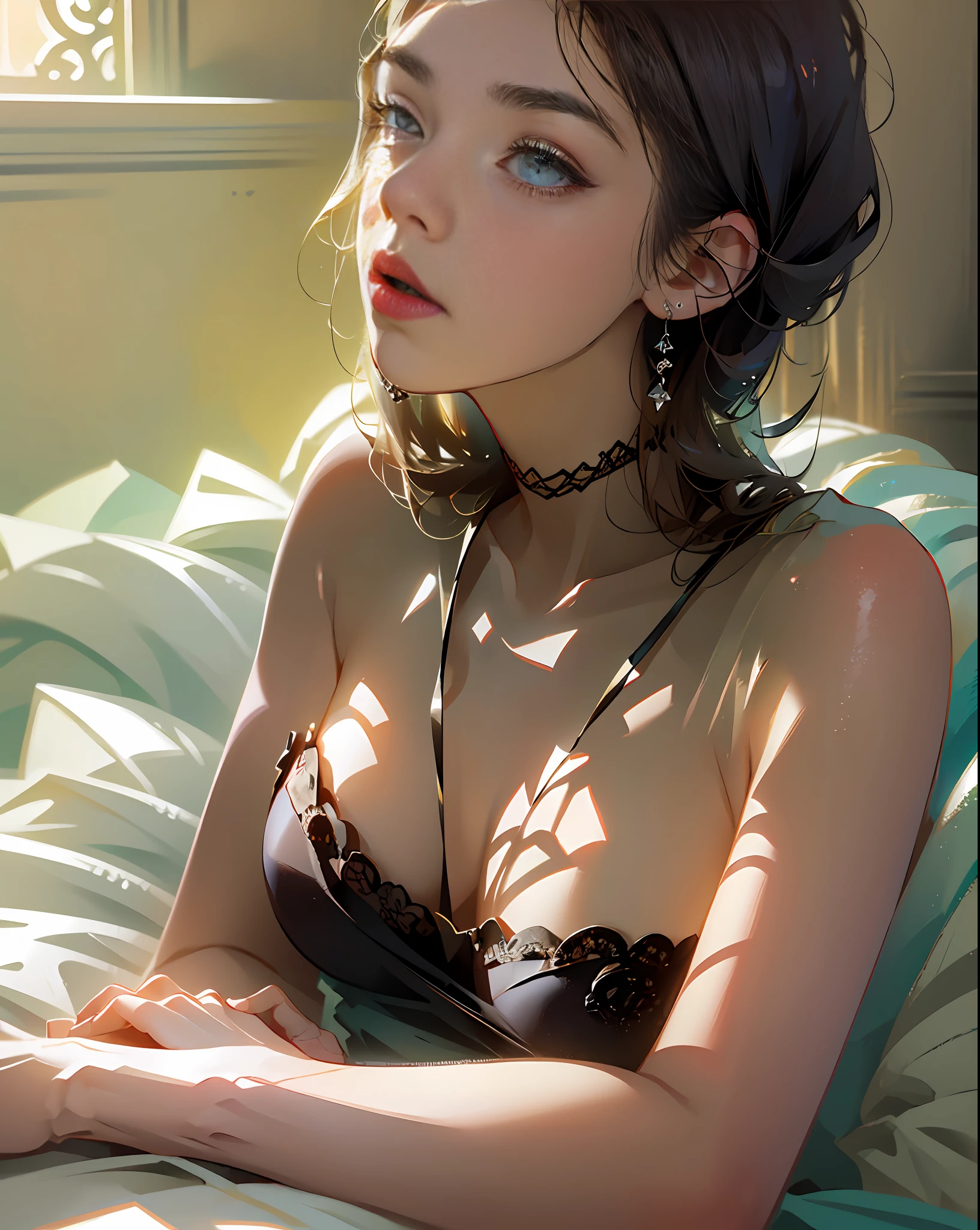 Masterpiece, top quality, high resolution, solo, small, interior, transparent, staggered bra, side lace-up t-back, lie down, from above, open arms, anger, bed, messy lingerie, heavy breathing, sexual expressio --auto --s2