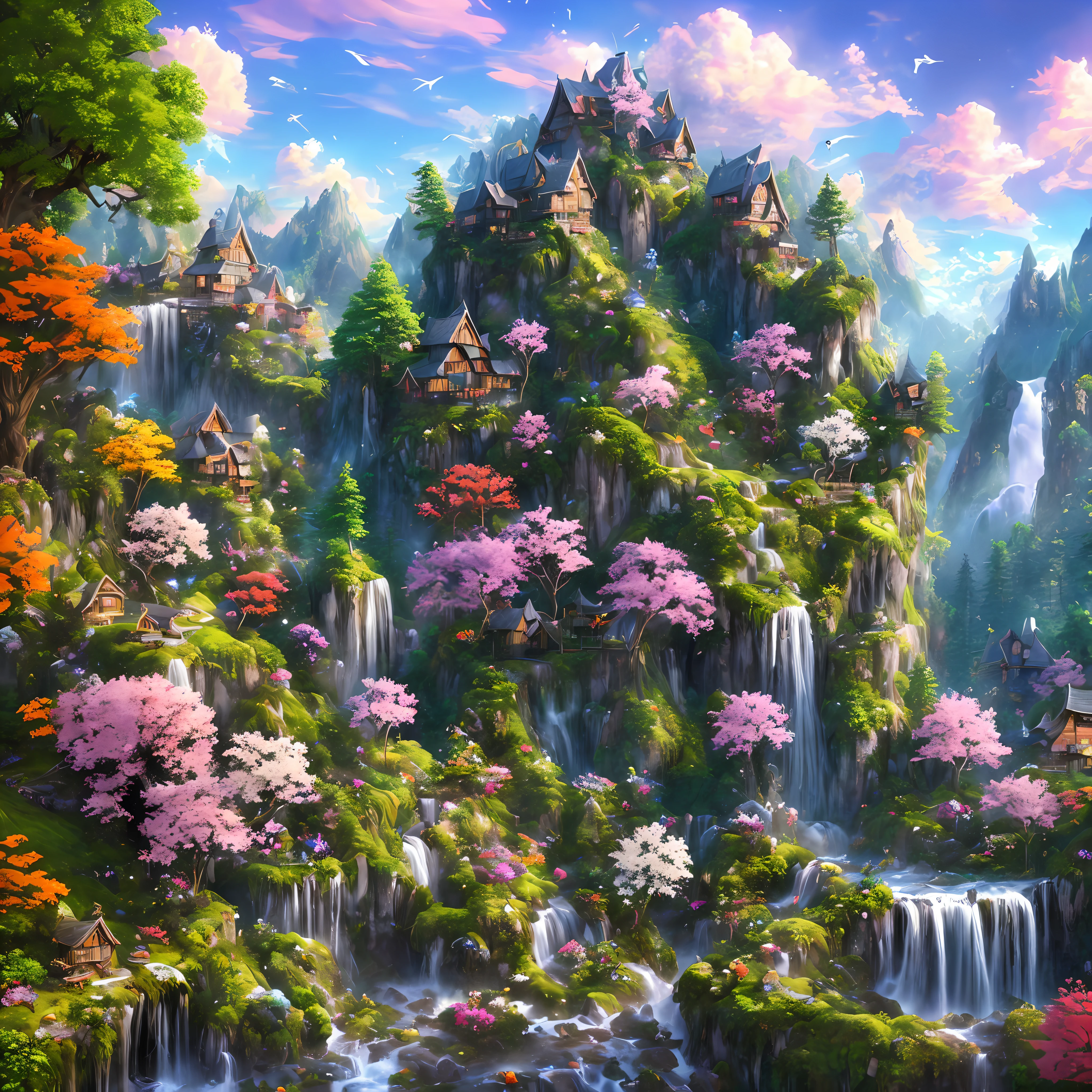 Masterpiece, best quality, (very detailed CG unity 8k wallpaper), (best quality), (best illustration), (best shadows), (many layers of strangely shaped huge log cabins)), (large trees in the distance, colorful clouds, flocks of birds), (caves, waterfalls) fluttering leaves, petals, ((many flowers on the grass: 1))), isometric 3D, octane rendering, ray tracing, (fantastical, dreamy, colorful), very detailed