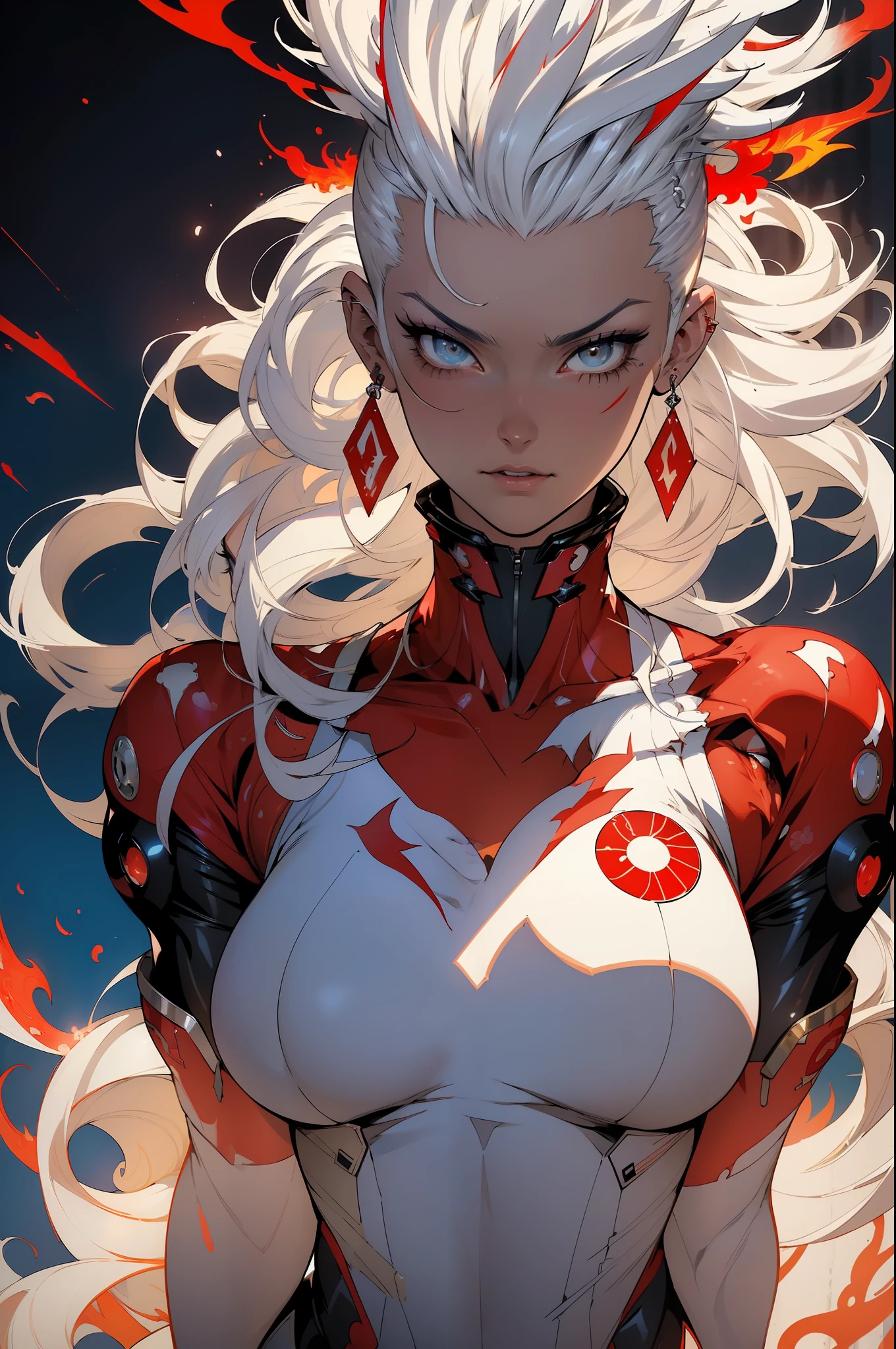 ((Best quality)), ((masterpiece)), (detailed: 1.4), (Absurd), 9full body0, muscular woman of 35 years, dark blue synthetic body, hot woman, sculptural body with defined muscles, closed mouth, muscular body wearing a micro thong, whole body covered by very dark blue clothes almost black neon style Genesis Evangelion, (((large breasts)), erect breasts, (((white mohawk hair))), (((graphic drawings of red flames covering the body))), very long black eyelashes, heavy eye makeup, by mucha, niji --V5, near the real, psychopath, crazy face, sexy pose, 2-piece clothing, pastel, centered, scale to suit the dimensions