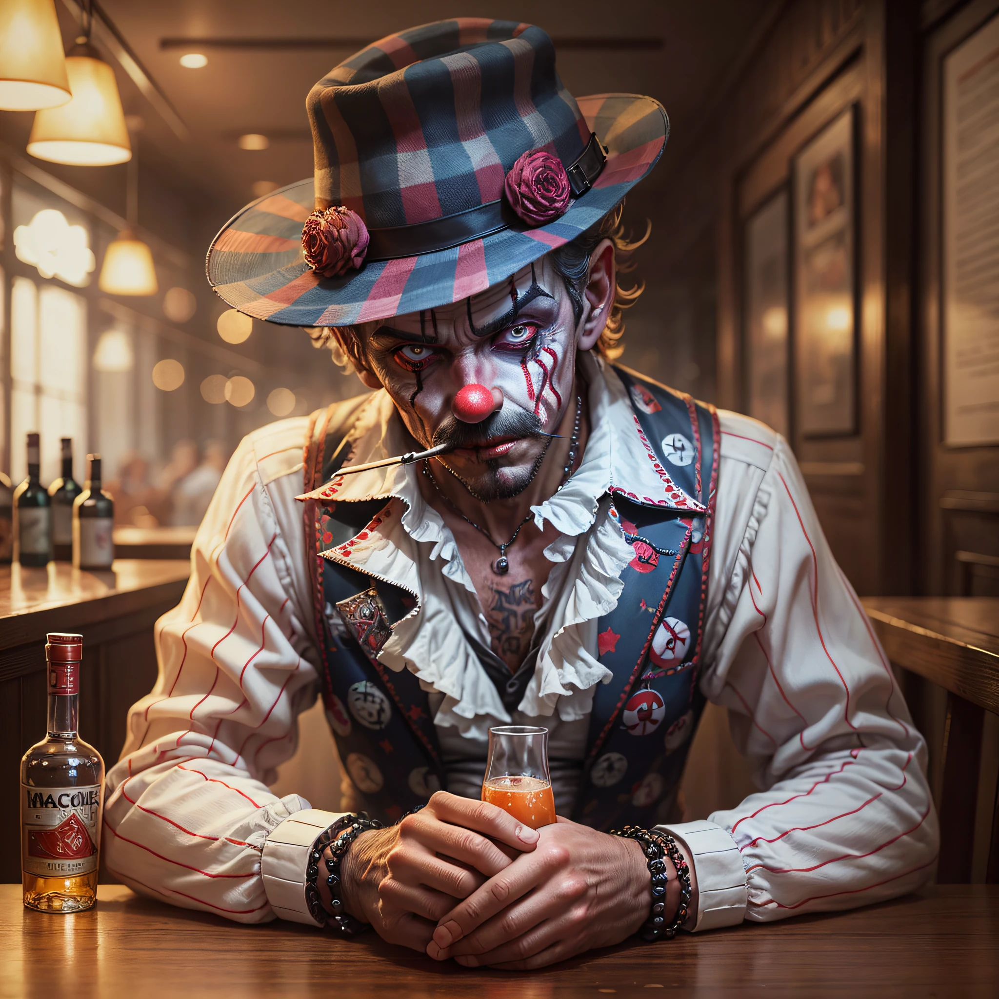 sitting at a table in a night bar a macabre clown smoking sharp look at the viewer and on the table a bottle of vodka, hyper realistic, details,high resolution, better lighting, clown centered in the image, better quality --auto --s2