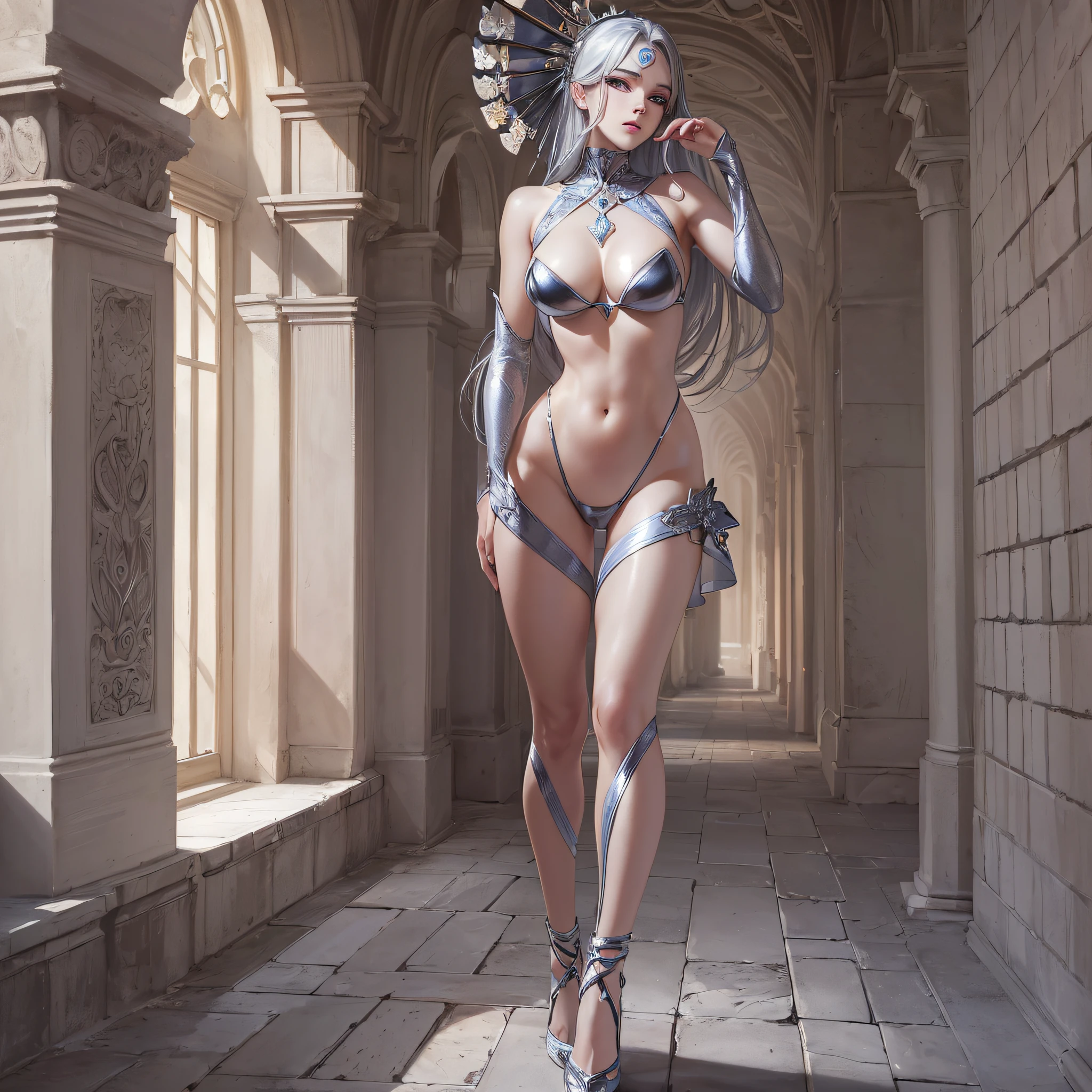 ((masterpiece, top quality, super definition, high definition)), solo, beautiful girl, shining eyes, (perfect eyes), ((perfect body)), ((full body, standing, back)), , 5 fingers on the hand, bikini, silver theme, high heels, --auto --s2