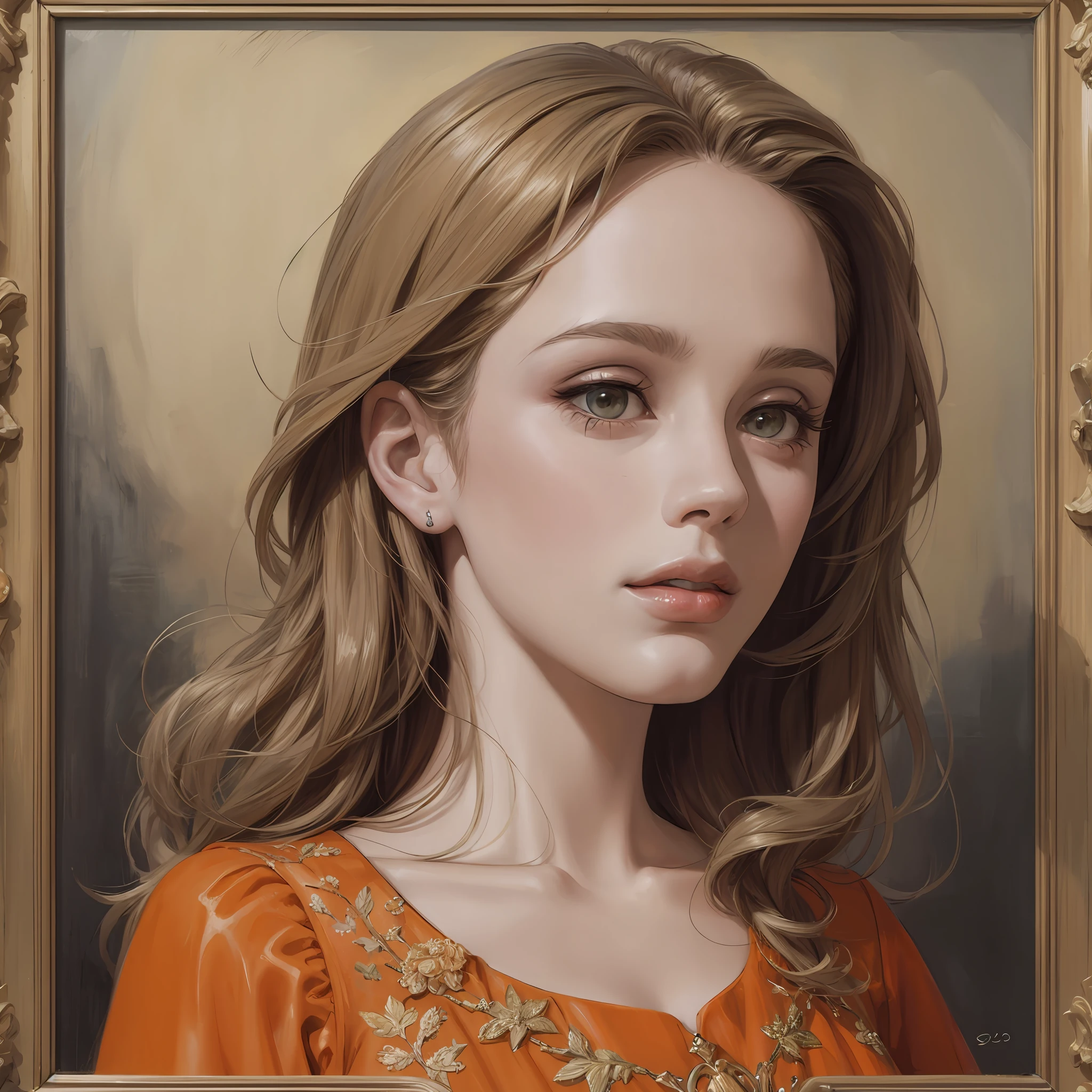 Adele, portrait, painting, realism, oil painting, orange dress, realistic --auto --s2