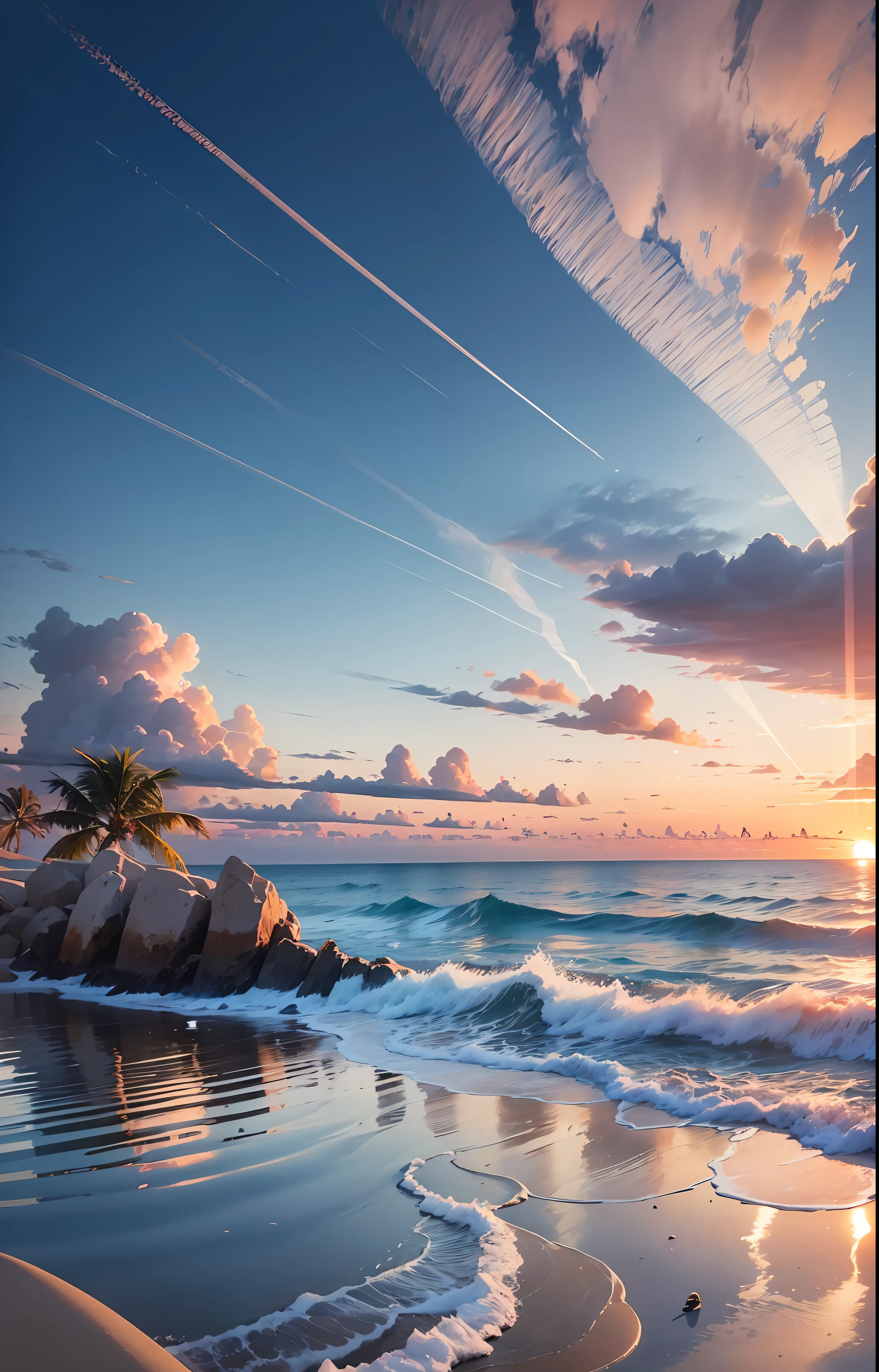 An absolutely mesmerizing sunset on the beach, with a mix of orange, pink, and yellow in the sky. The water is crystal clear, gently kisses the coast, and the white sand is endless. The scene is dynamic and breathtaking, with seagulls soaring high in the sky and palm trees swaying softly. Immerse yourself in the calm atmosphere and let the serenity surround you. --auto --s2