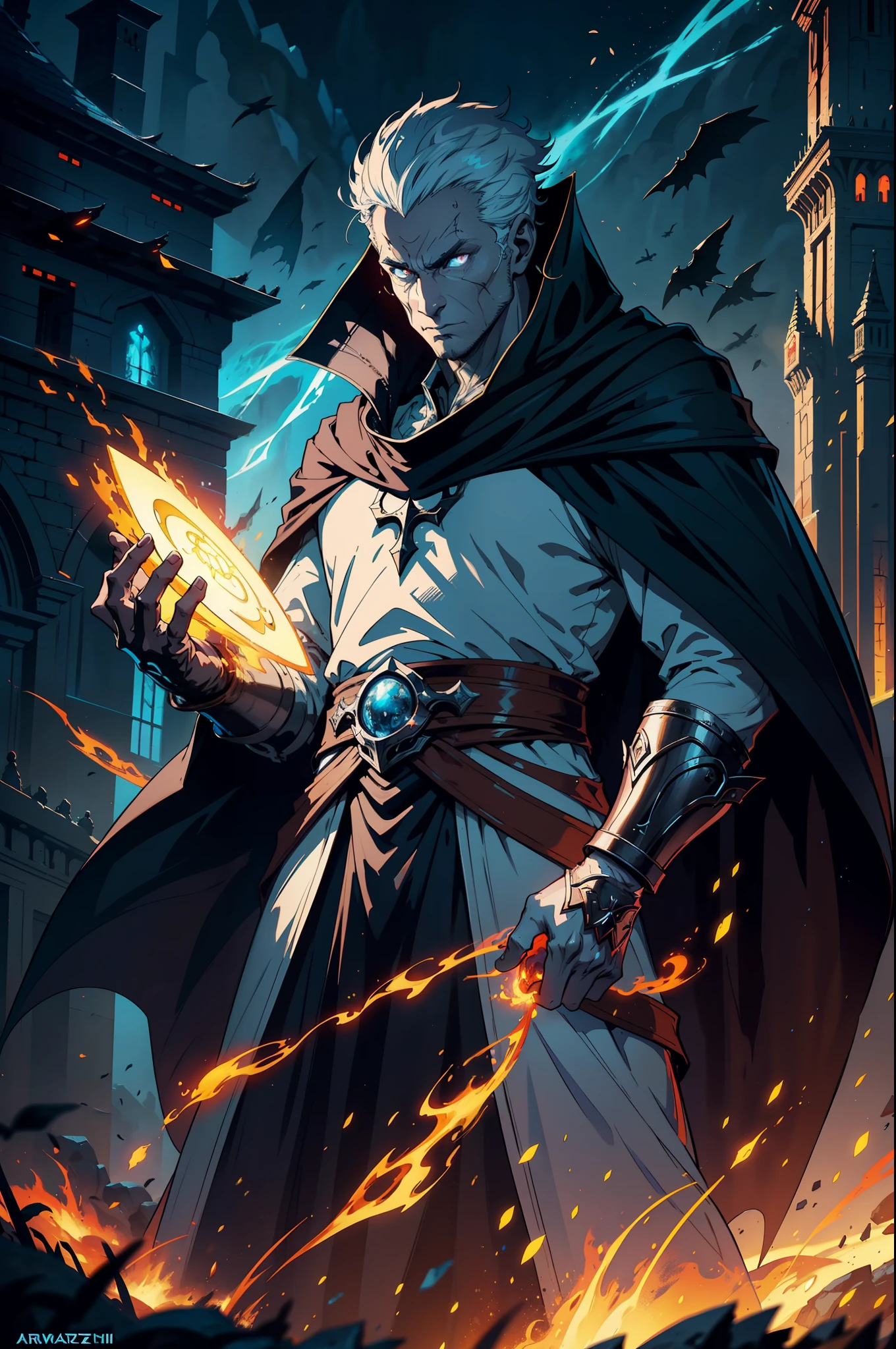 arafed image of a man with a cape and a glowing head, concept art by Adam Marczyński, Artstation contest winner, fantasy art, epic fantasy digital art style, epic fantasy art style hd, heroic fantasy character concept, 4k fantasy art, epic fantasy digital art, epic fantasy art style, 8k fantasy art, fantasy epic digital art