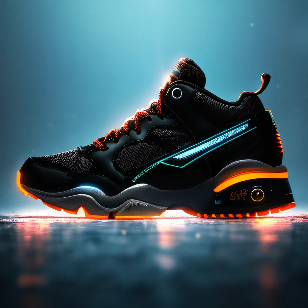 product photography of a cyberpunk sneakers, epic render, octane, atmosphere, particles, soft volumetric lights, (backlit:1.3), (cinematic:1.3), intricate details, (ArtStation:1.3)