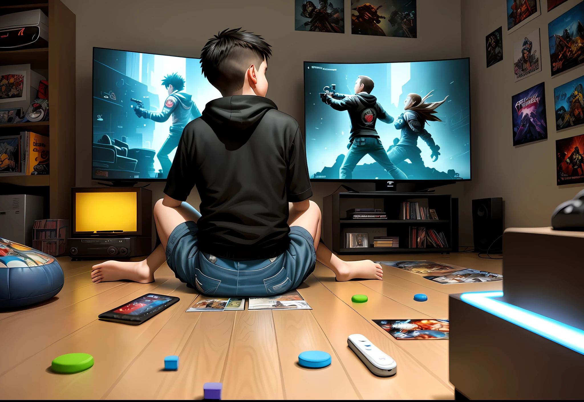 a young boy, sitting in front of the TV, video game controller in hand, playing video game, TV screen showing game, posters of games and rock bands on the walls, comic books scattered on the floor, third-person view from behind, comic book style