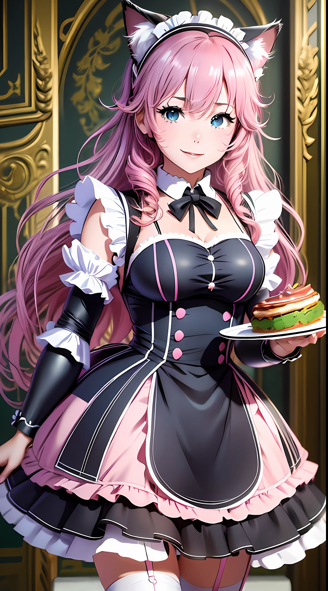 (a closeup of an anime character holding a tray of food), (anime cat girl with pink cat ears and wavy and loose pink hair, in a maid costume), full body commission, commission for high resolution, (maid outfit), (anime girl in a maid costume, cosplay of a cat) (short dress), ,  oc commission, in pixiv, cute anime cat, (waitress) girl, catgirl anime, beautiful maid, full body commission for anime, hyper realistic texture, realistic photo, ultra detailed, no drawing edges, Smiling! , photorealistic, dark scenery, fighting using sword and pistol, Fighting in battle in a dark place, texture of ultra realistic clothes, Natural lighting, realistic lighting, no dark edges, detailed shadows, ultra realistic photo, absurd realistic, realism, no drawing edges, ultra absurd photorealistic, mega realistic hair, mega realistic clothes, absurdly realistic details, no deformities, no drawing edges,  no drawing lines, 8K, 4K