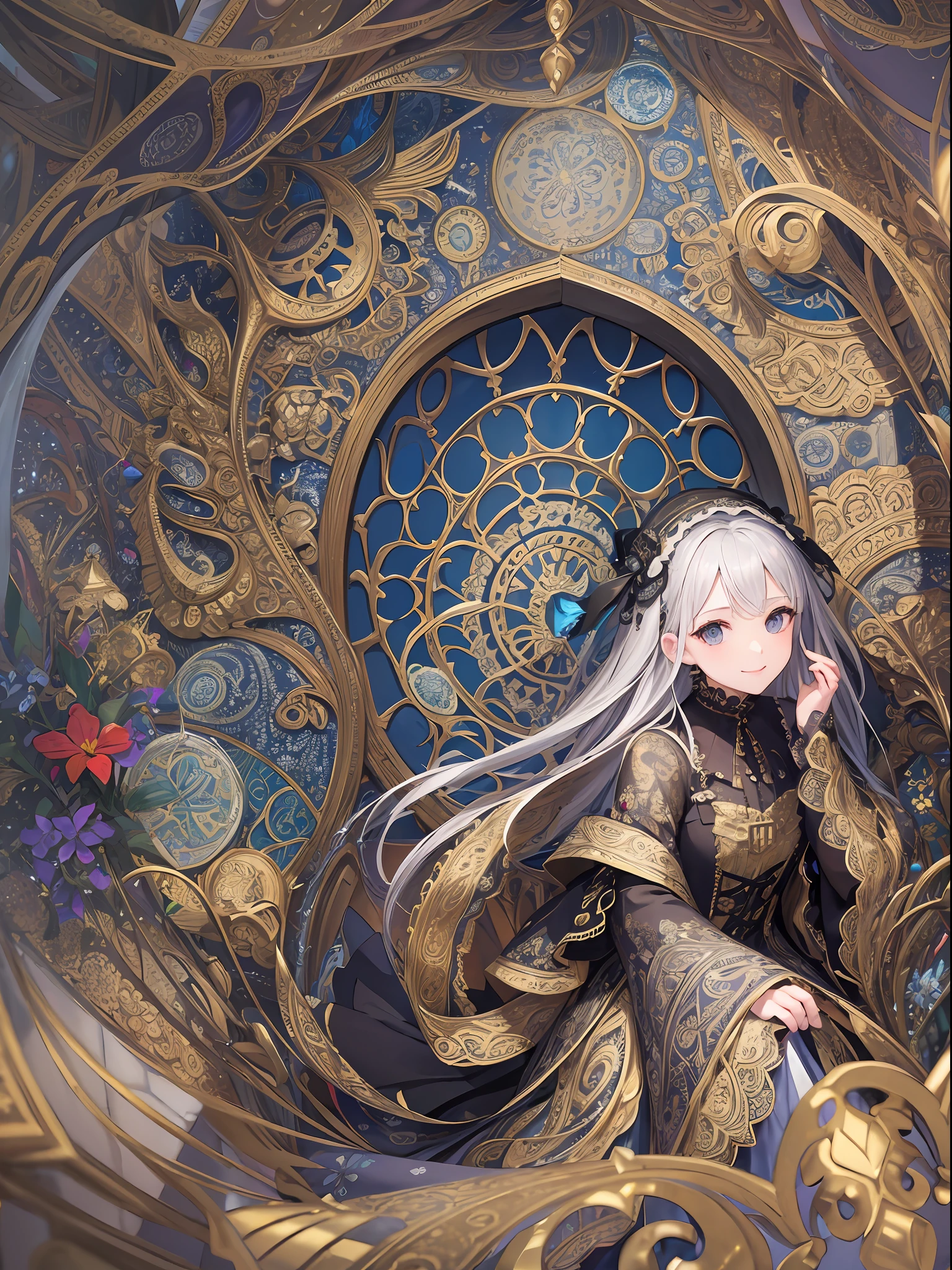 Masterpiece, High resolution, wide angle, detailed Paisley patterned wall, intricately drawn Paisley pattern, deep composition, 10,000 colors, colorful, craftsmanship, ((1 girl), 9 figures, looking at the viewer, smiling, silver hair),, diamond ornaments, colorful decorations, backlit, grains of light fluttering, detailed Gothic, (Maximalism: 1.6), diffused lighting, ( Depth of Field: 1.2), Gothic ta, Bird's-Eye View, Light Up