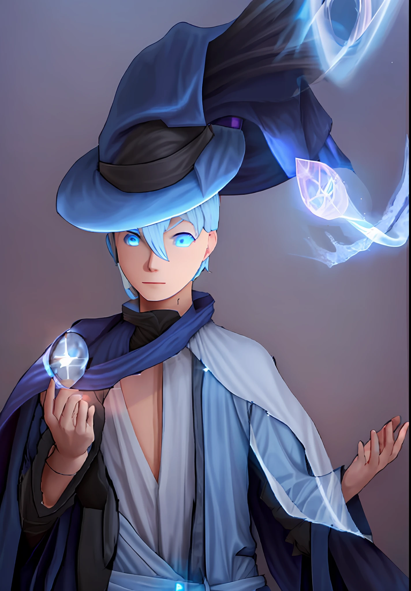 a drawing of a man in hat and cape, wizard pondering his orb, t-pose of wizard, half summoner half megumin, holding a pose of prudishness, t-pose of male mage, a sorceress throwing a ball of energy, young wizard, pose gesture of prudishness, character with a hat, an arcane mage casting a spell, bright light blue hair, light blue eye,dark blue hat being illuminated by the sun,dark blue robe,light blue sleeve brusa,