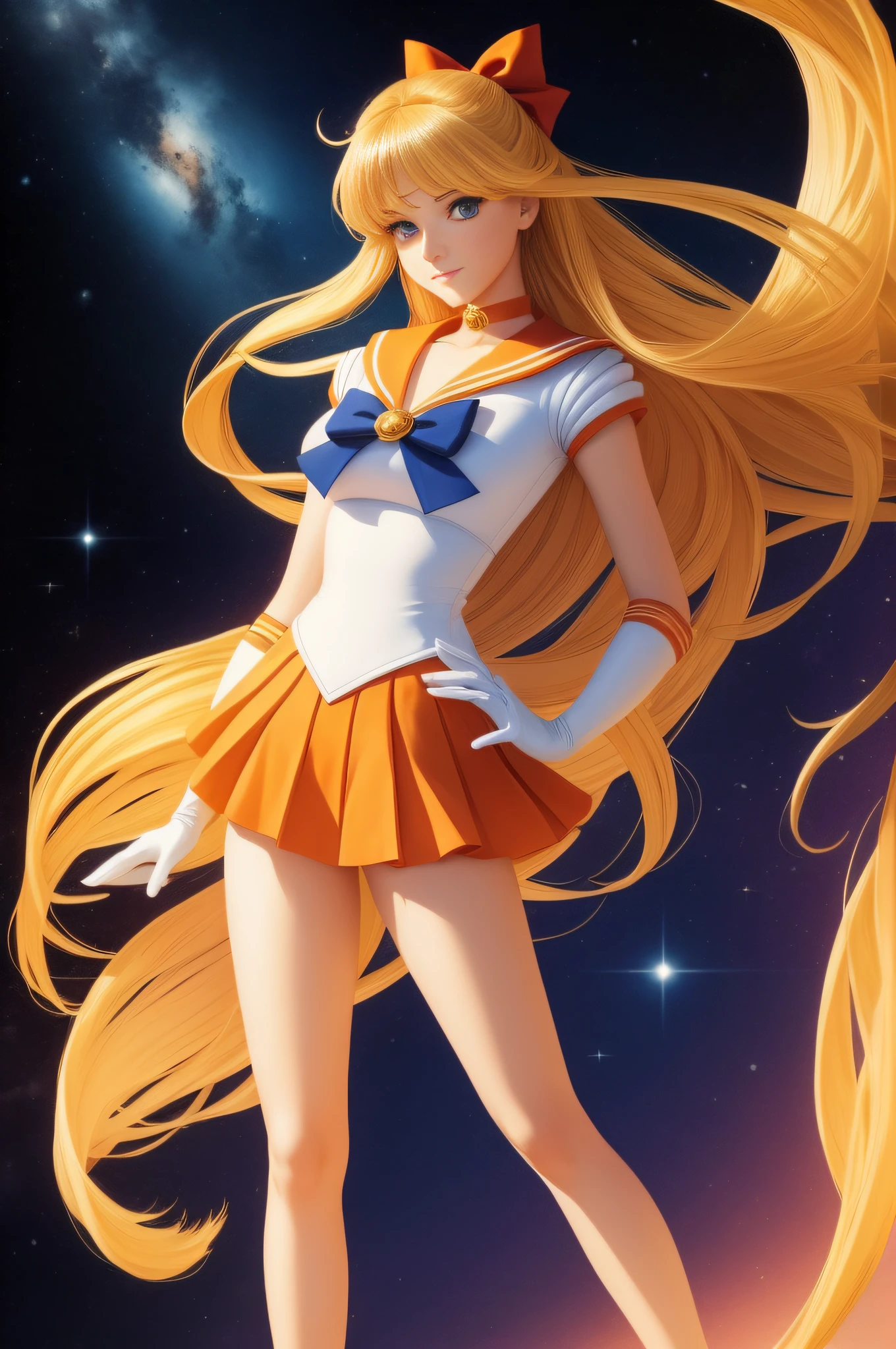 ((Real:1.5)), (Best Quality), ((Masterpiece)), (Detail), (1 girl), (Medium Full Shot: 1.2), sv1, sailor senshi uniform, orange skirt, elbow gloves, tiara, orange sailor collar, red bow, orange choker, white gloves, jewelry, Standing, Smiling, sexy pose, 22 years old, Space on golden light background, Long legs, Curvaceous, Large and slender legs, Long eyelashes, Detailed face, Beautiful eyes, Detailed pupils, Detailed clothing features, Best shadows, Bright details, Sharp focus, dramatic light,