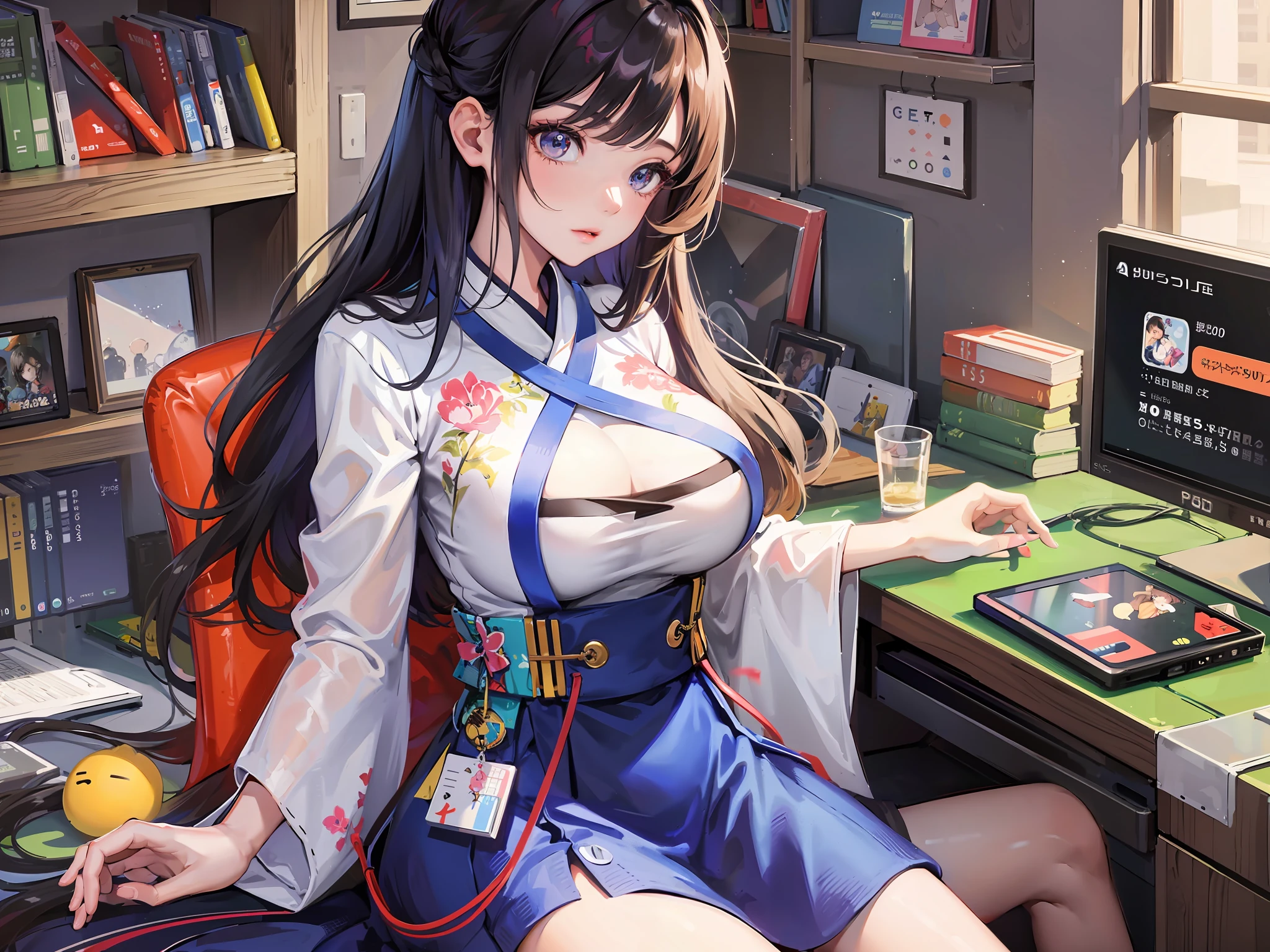 1girl, wear aodai, play console game, official art, best quality ,8k , trend on pixiv, big breasts, look away, focus, playing game, play ps5 game, serious, chibi