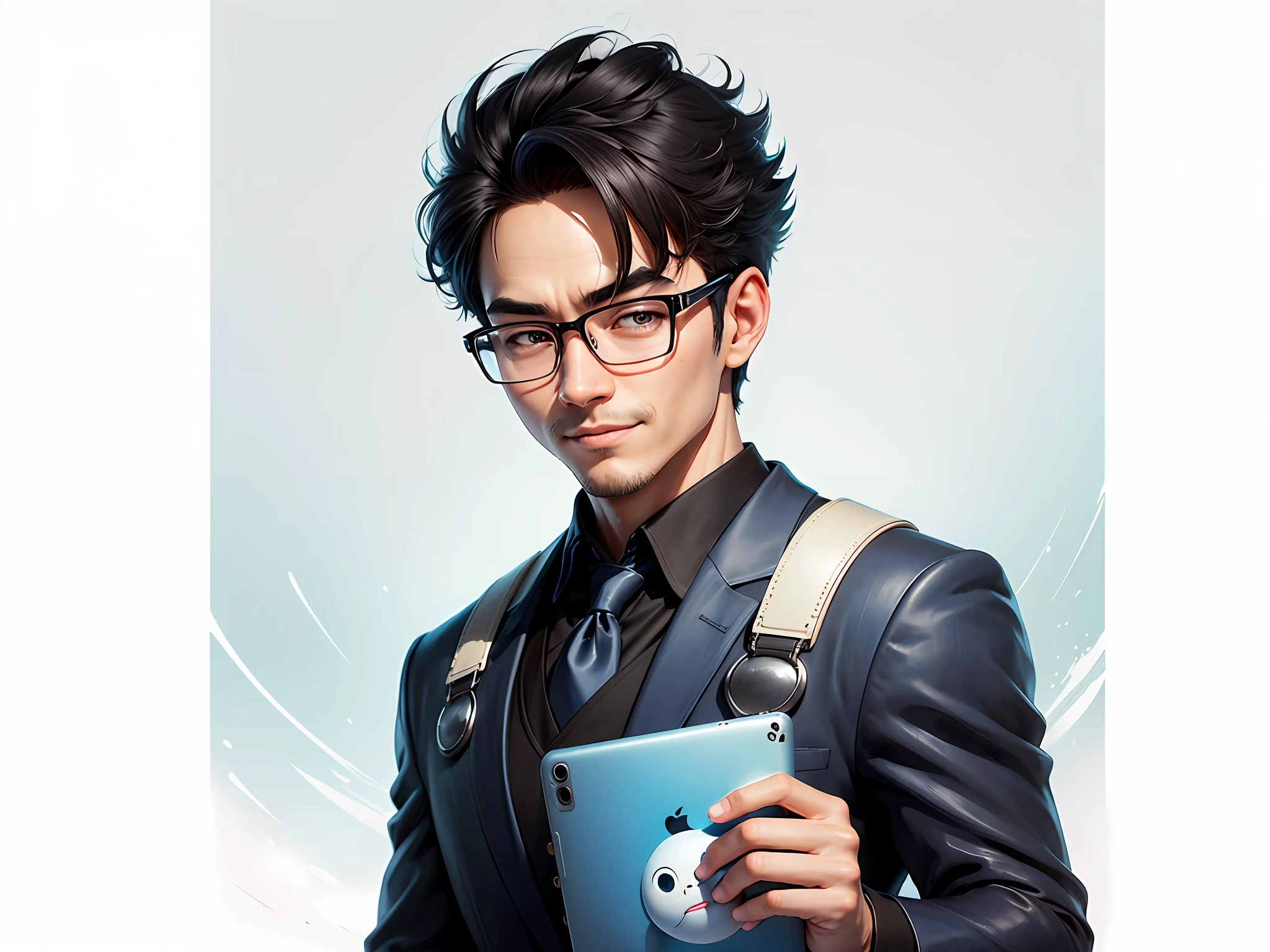Masterpiece), (Excellent), (Super Meticulous), (Full Body: 1.2), Super Young Woman, Beautiful, Sexy, Bursting, Oriental Face, TV Anchor, Bust Portrait Illustration, Alone, Black Suit, Blue Tie, Silver Glasses, Slightly Chubby Face, Very Clean Face, No Beard, Black Super Short Hair, Black Eyes, Confident Smile, 3c Computer Sub-Products, iPad, iPhone, Digital Painting, 3D Character Design by Akira Toriyama with Mark Claireden and Pixar and Hayao Miyazaki, The illustration is a high-definition illustration in 4K resolution with very detailed facial features and cartoon-style visuals.