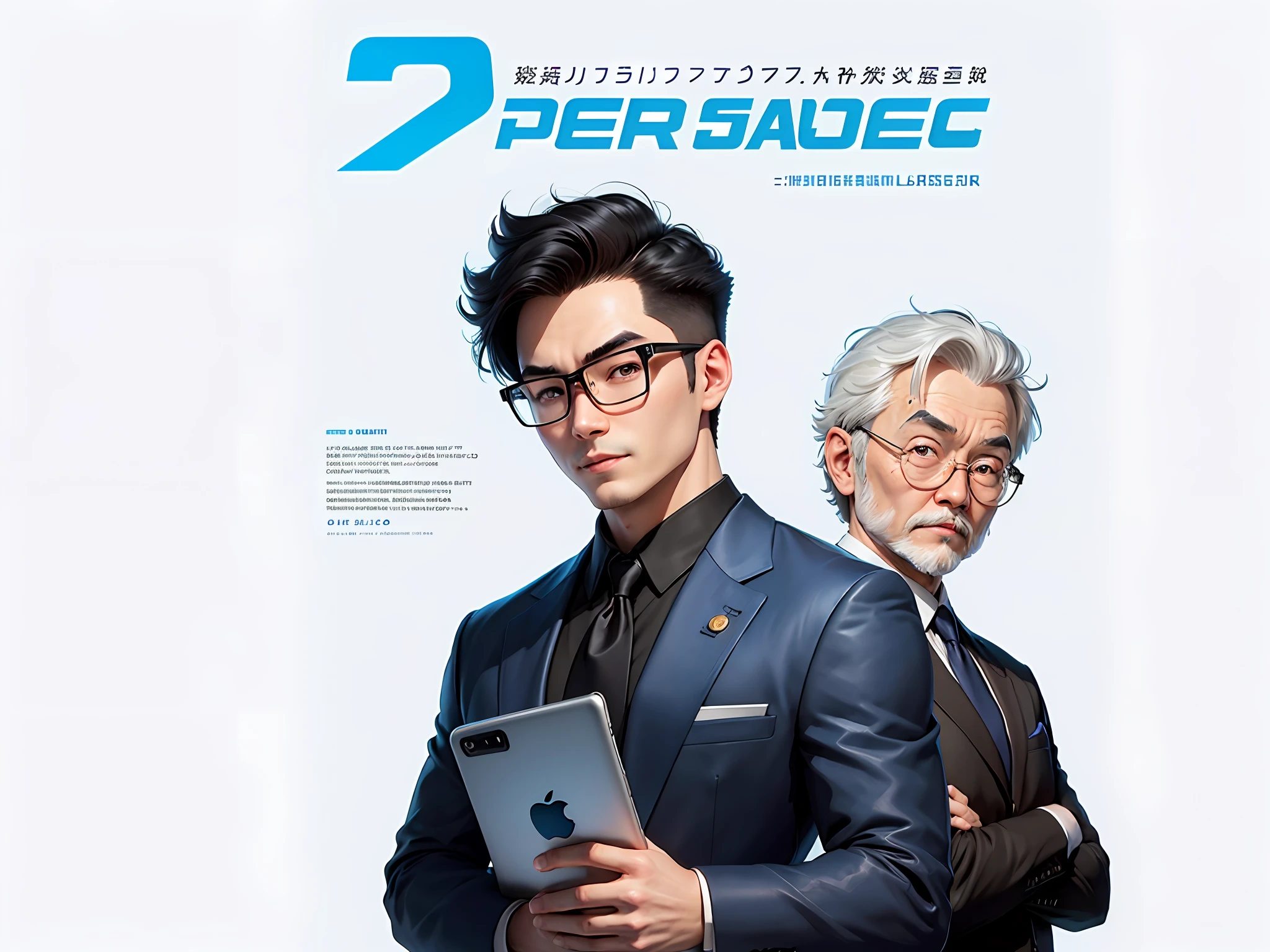 Masterpiece), (Excellent), (Super Meticulous), (Full Body: 1.2), Super Young Woman, Beautiful, Sexy, Bursting, Oriental Face, TV Anchor, Bust Portrait Illustration, Alone, Black Suit, Blue Tie, Silver Glasses, Slightly Chubby Face, Very Clean Face, No Beard, Black Super Short Hair, Black Eyes, Confident Smile, 3c Computer Sub-Products, iPad, iPhone, Digital Painting, 3D Character Design by Akira Toriyama with Mark Claireden and Pixar and Hayao Miyazaki, The illustration is a high-definition illustration in 4K resolution with very detailed facial features and cartoon-style visuals.