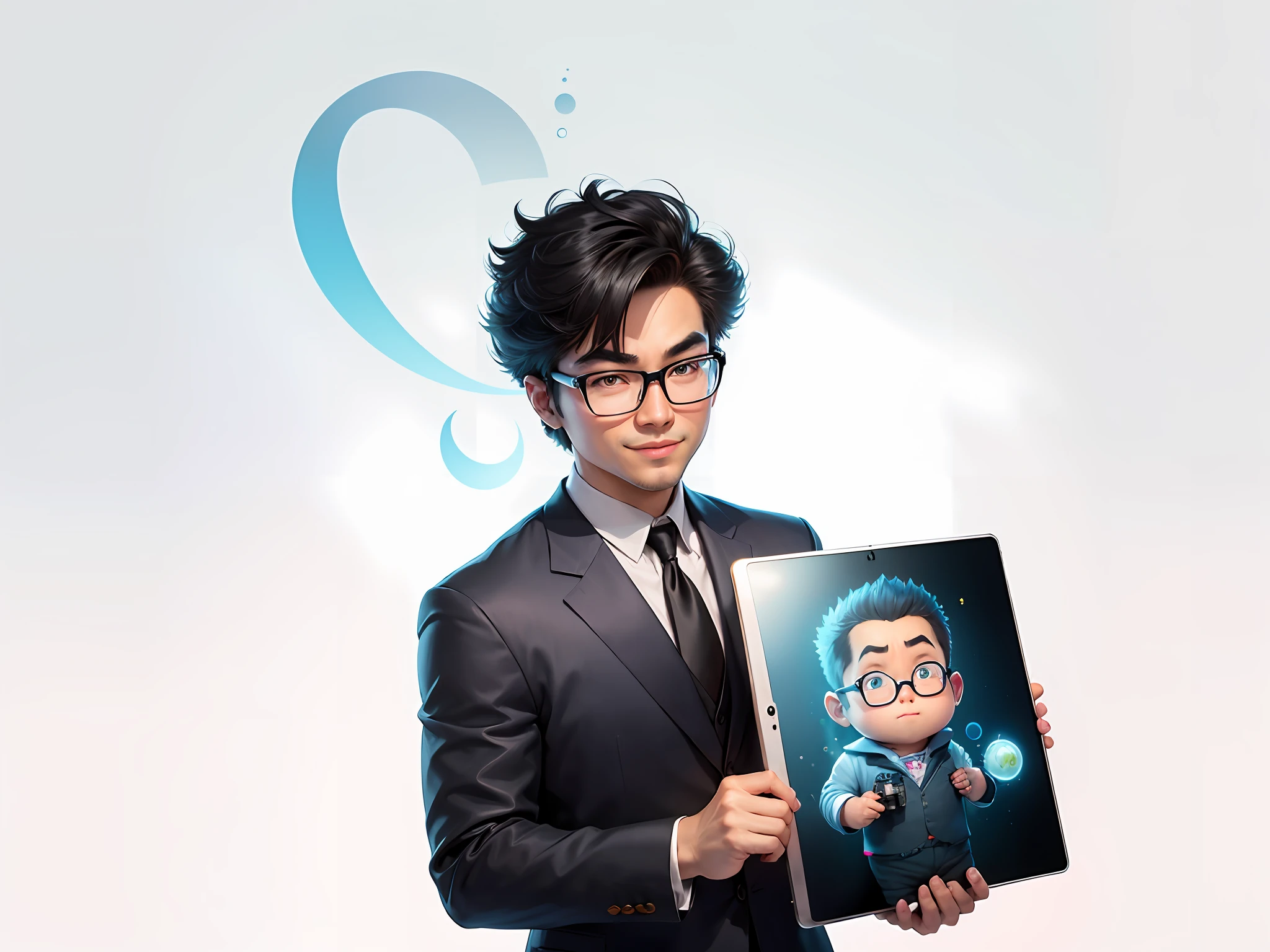 Masterpiece), (Excellent), (Super Meticulous), (Full Body: 1.2), Super Young Woman, Beautiful, Sexy, Bursting, Oriental Face, TV Anchor, Bust Portrait Illustration, Alone, Black Suit, Blue Tie, Silver Glasses, Slightly Chubby Face, Very Clean Face, No Beard, Black Super Short Hair, Black Eyes, Confident Smile, 3c Computer Sub-Products, iPad, iPhone, Digital Painting, 3D Character Design by Akira Toriyama with Mark Claireden and Pixar and Hayao Miyazaki, The illustration is a high-definition illustration in 4K resolution with very detailed facial features and cartoon-style visuals.
