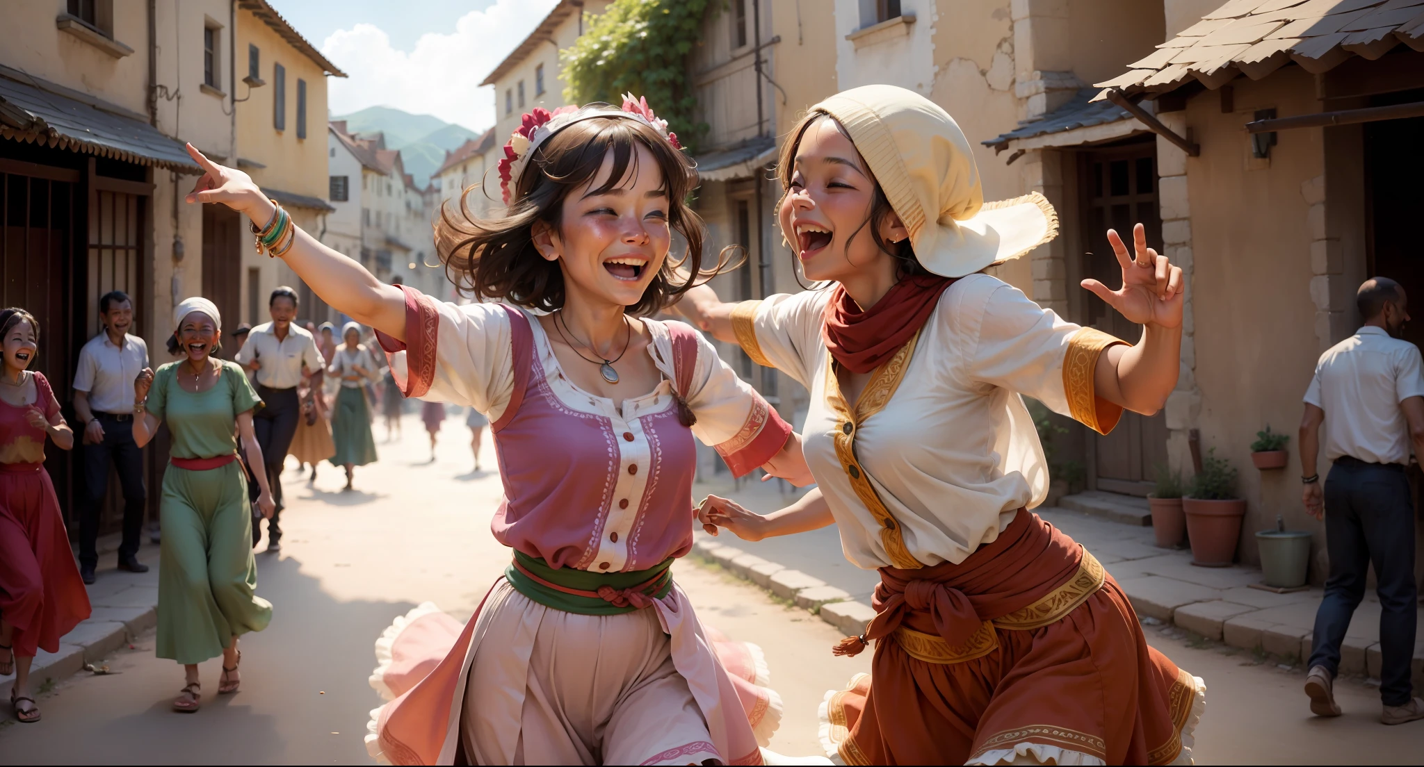 Happy people dancing in a village