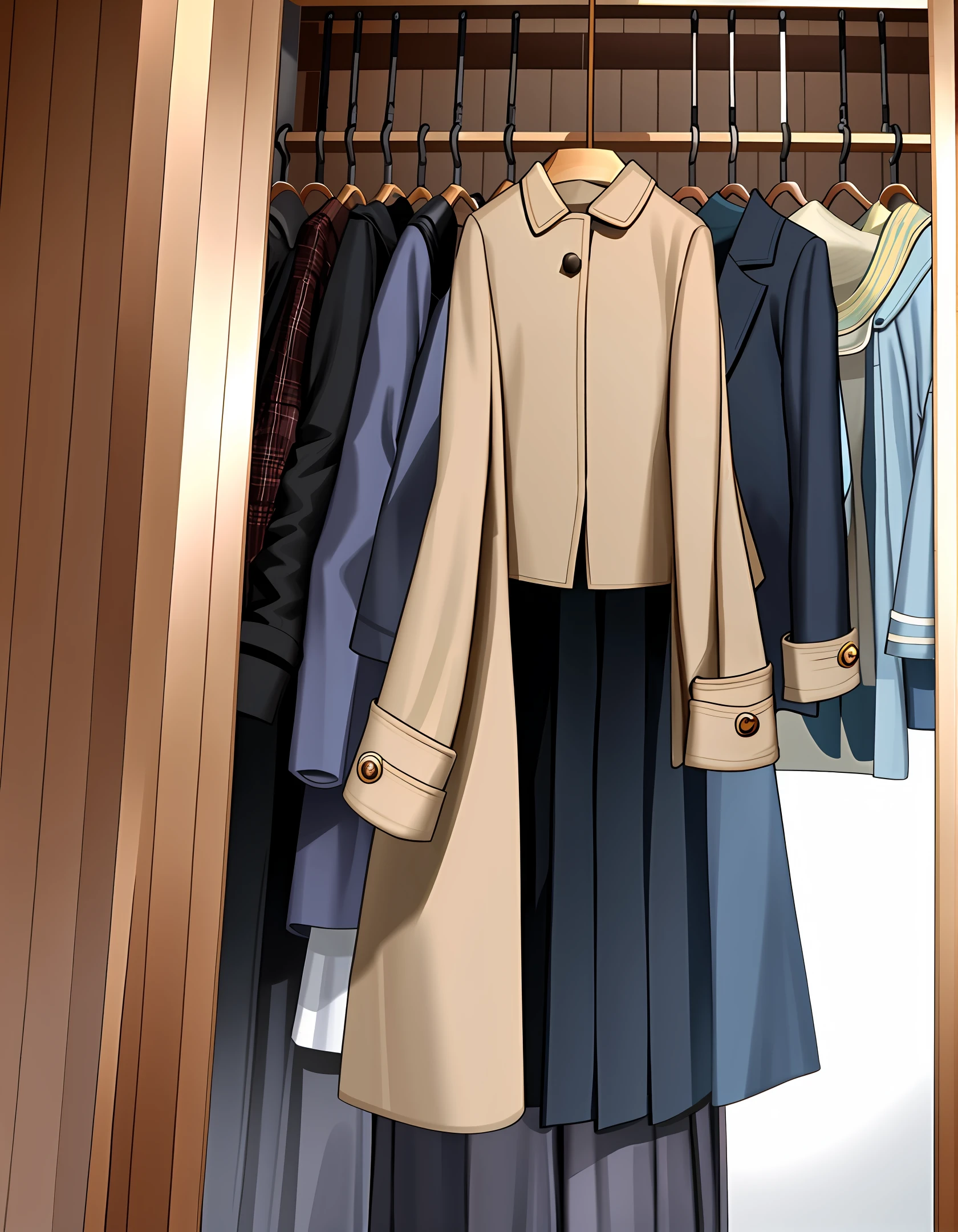 An image of a forgotten coat inside a wardrobe. I want to pass the image of a person finding a coat that was forgotten, because winter has begun and this person would like to donate this coat that was forgotten.